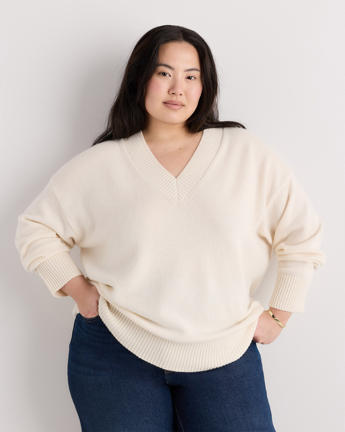 Pale Custard Yellow Mongolian Cashmere Oversized V-Neck Sweater