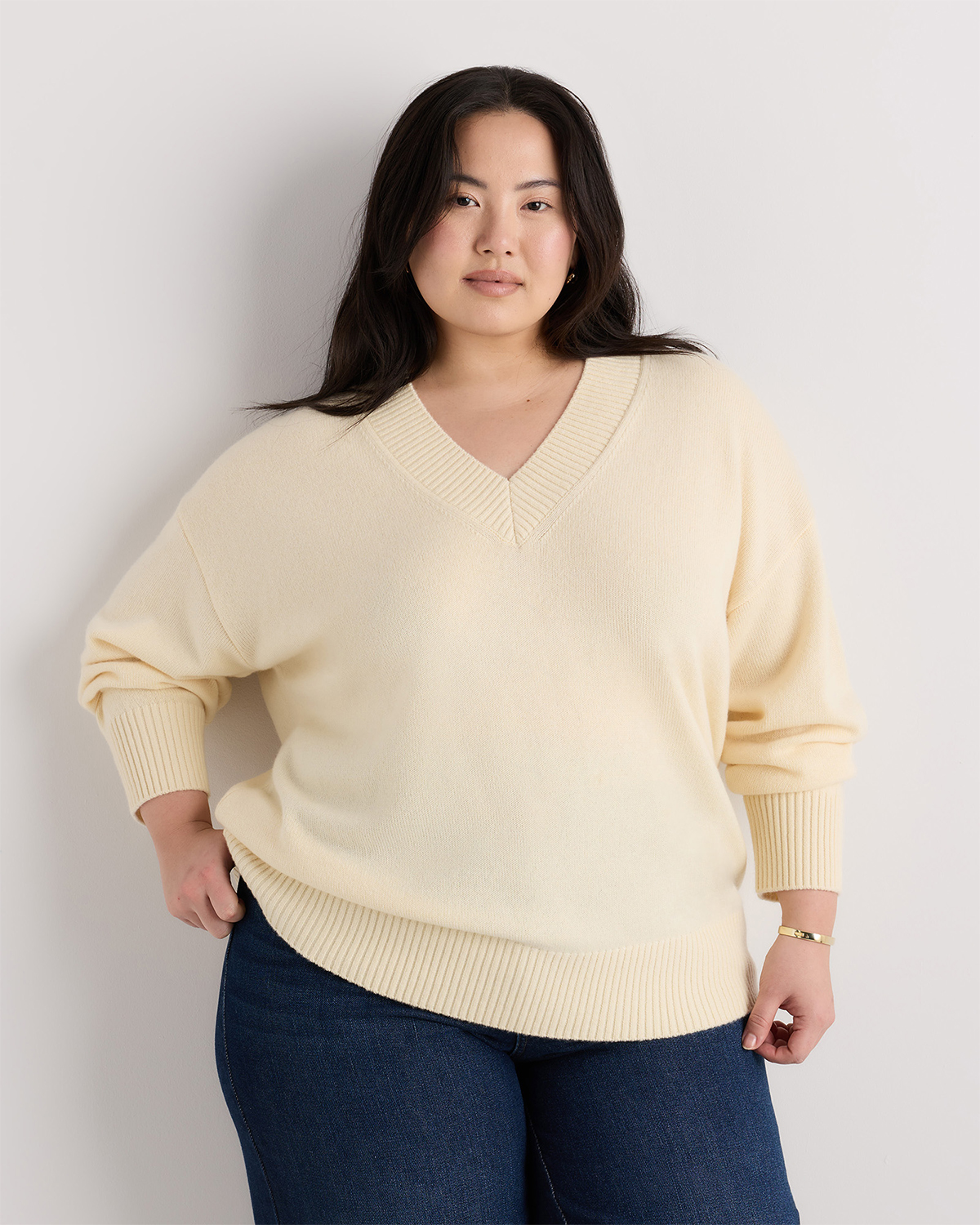 Pale Custard Yellow Mongolian Cashmere Oversized V-Neck Sweater