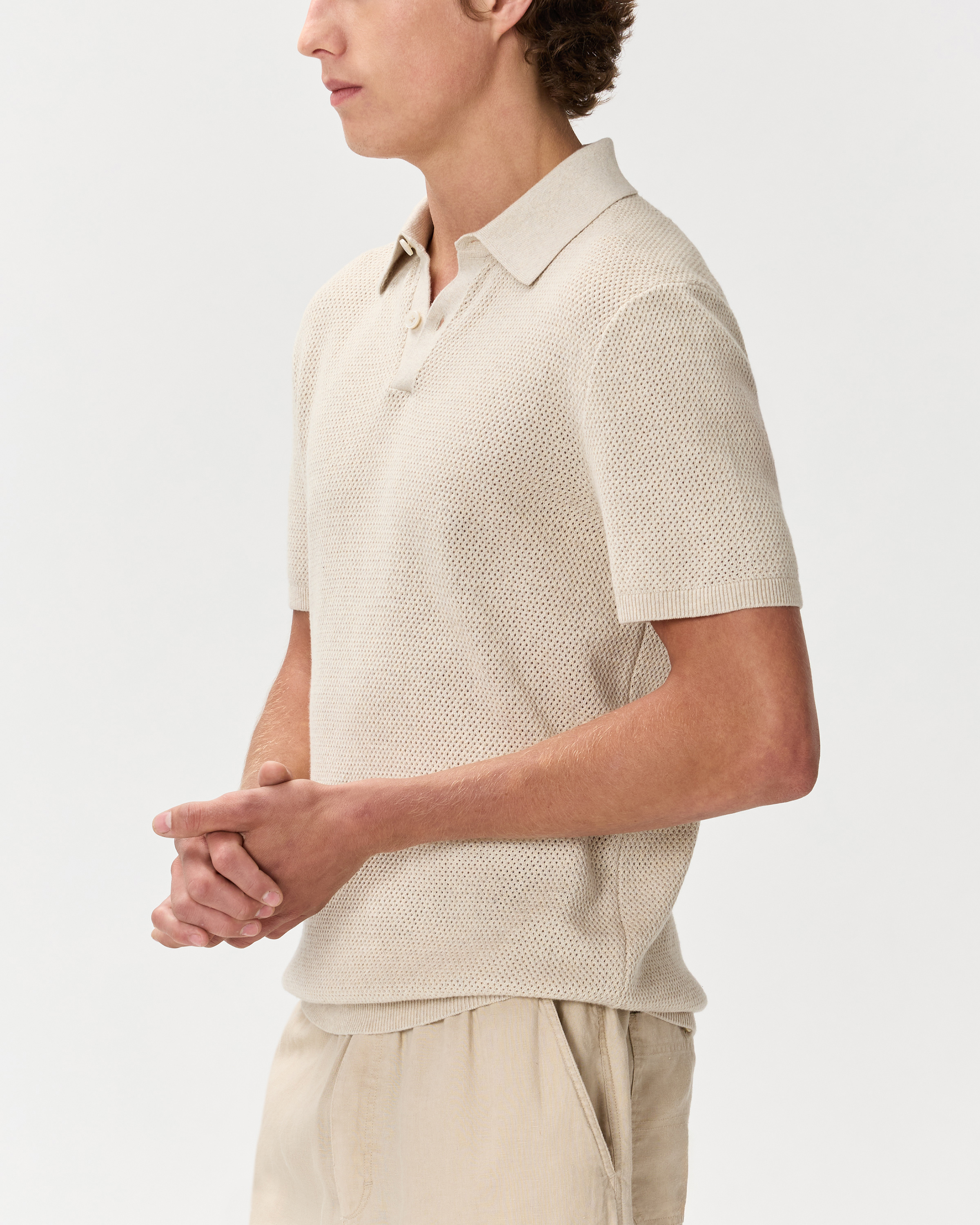 100% Organic Cotton Mesh-Stitch Sweater Polo in Speckled Beige