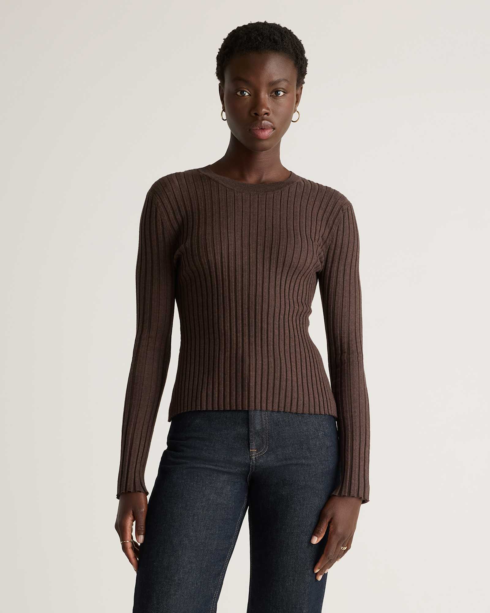 Cashmere Mix Ribbed Crewneck Sweater with Balloon Sleeves