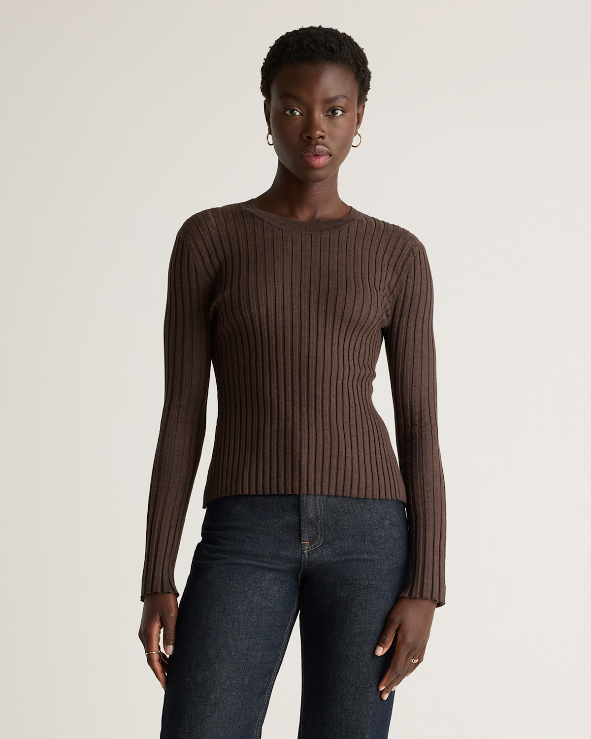 Cotton Cashmere Ribbed Long Sleeve Sweater in Mocha Heather