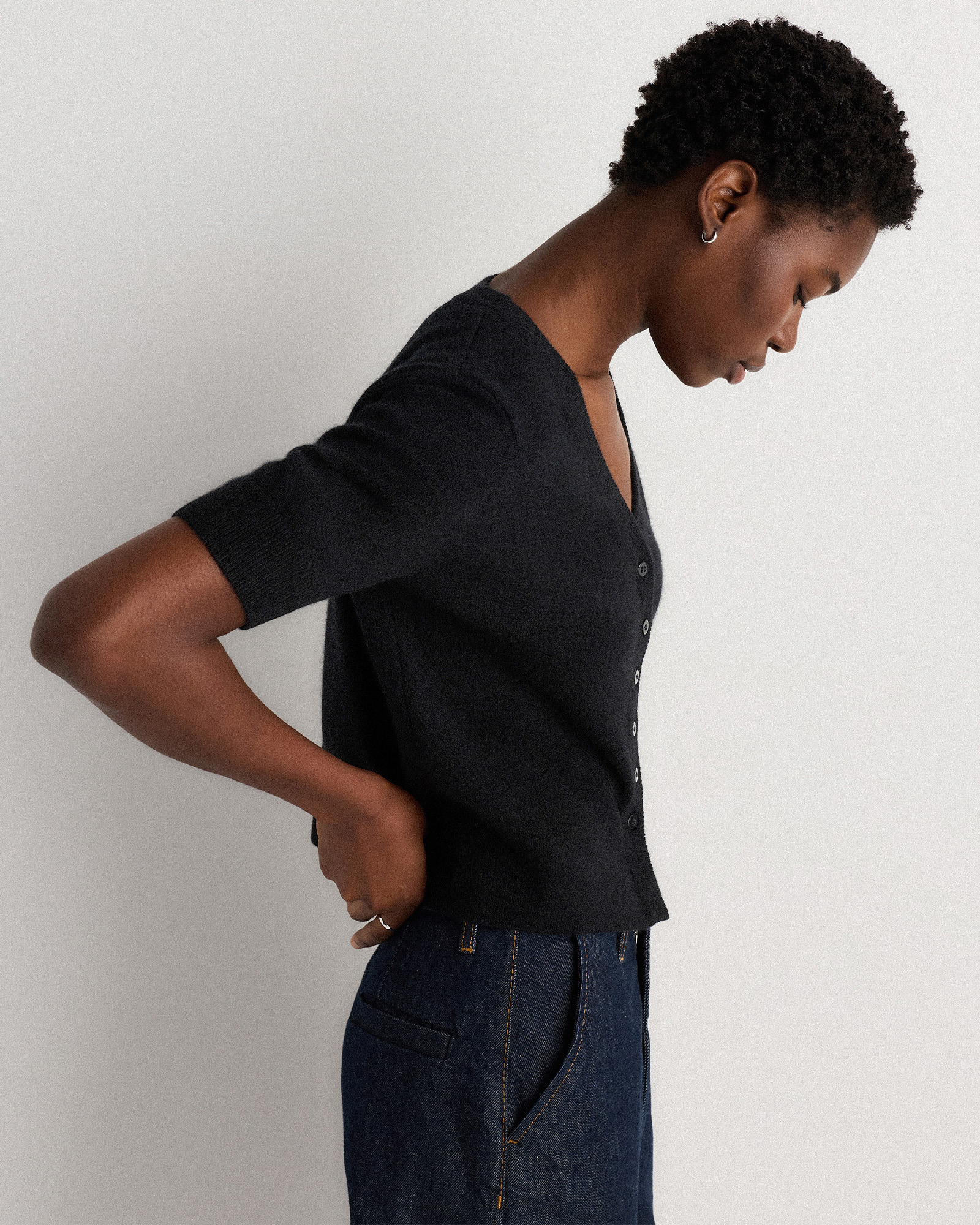 Mongolian Cashmere Short Sleeve Cardigan in Black