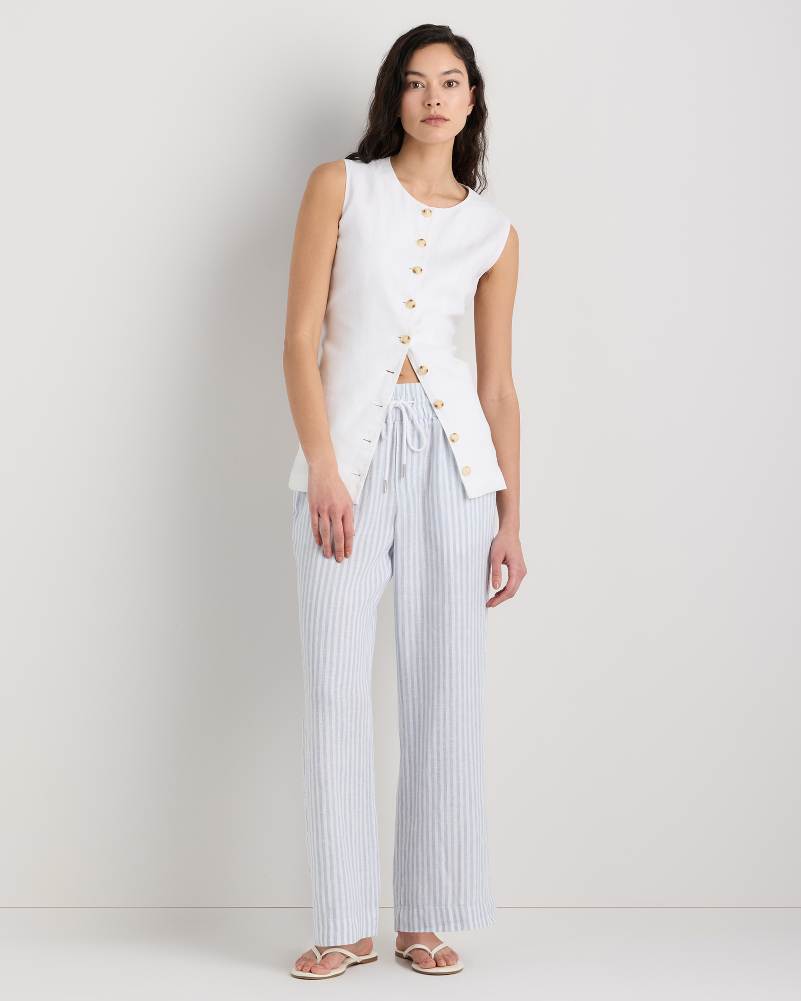 100% European Linen Wide Leg Pants in Sky Blue Mariner Stripe