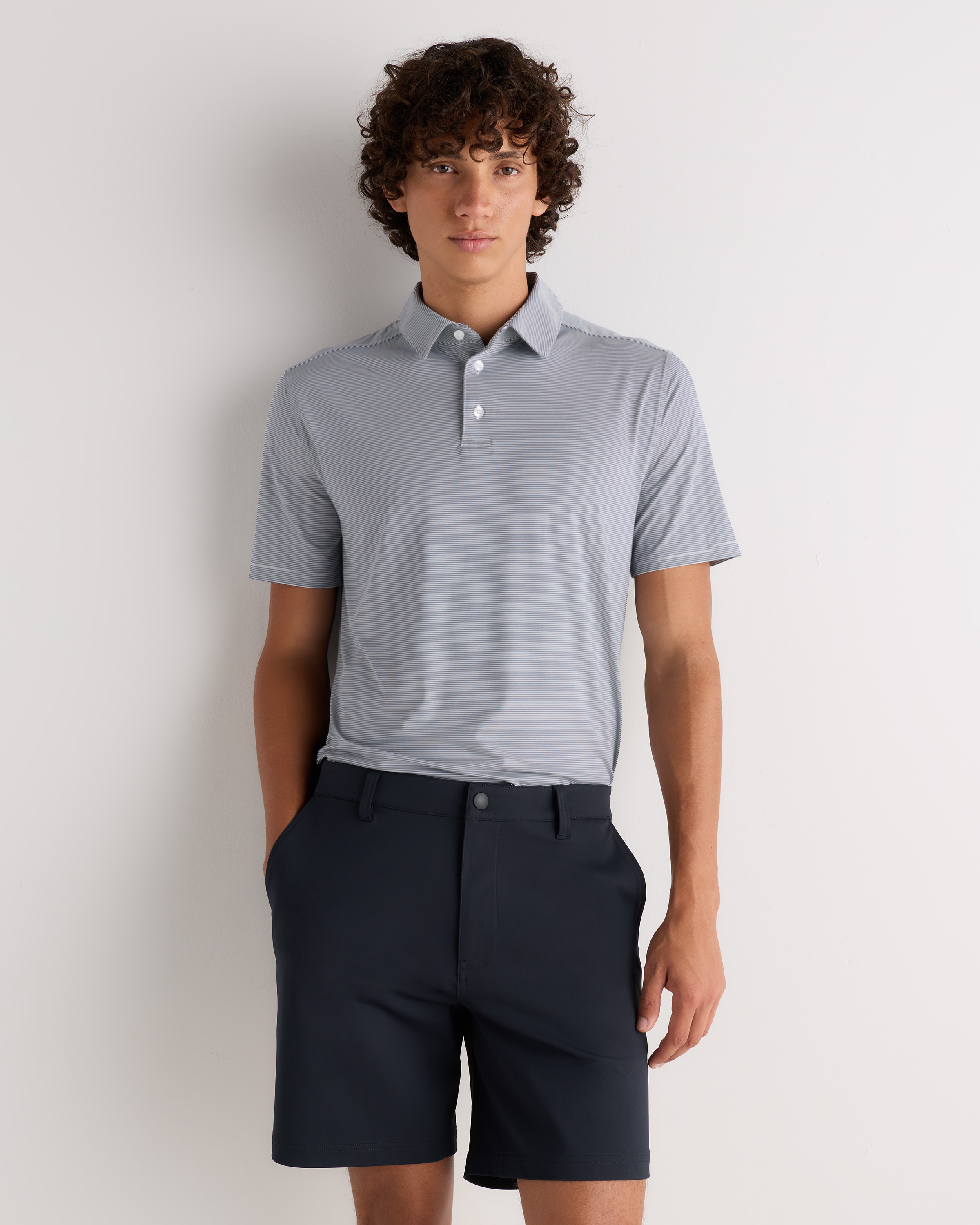 Deep Navy Stripe Performance Jersey Short Sleeve Golf Polo