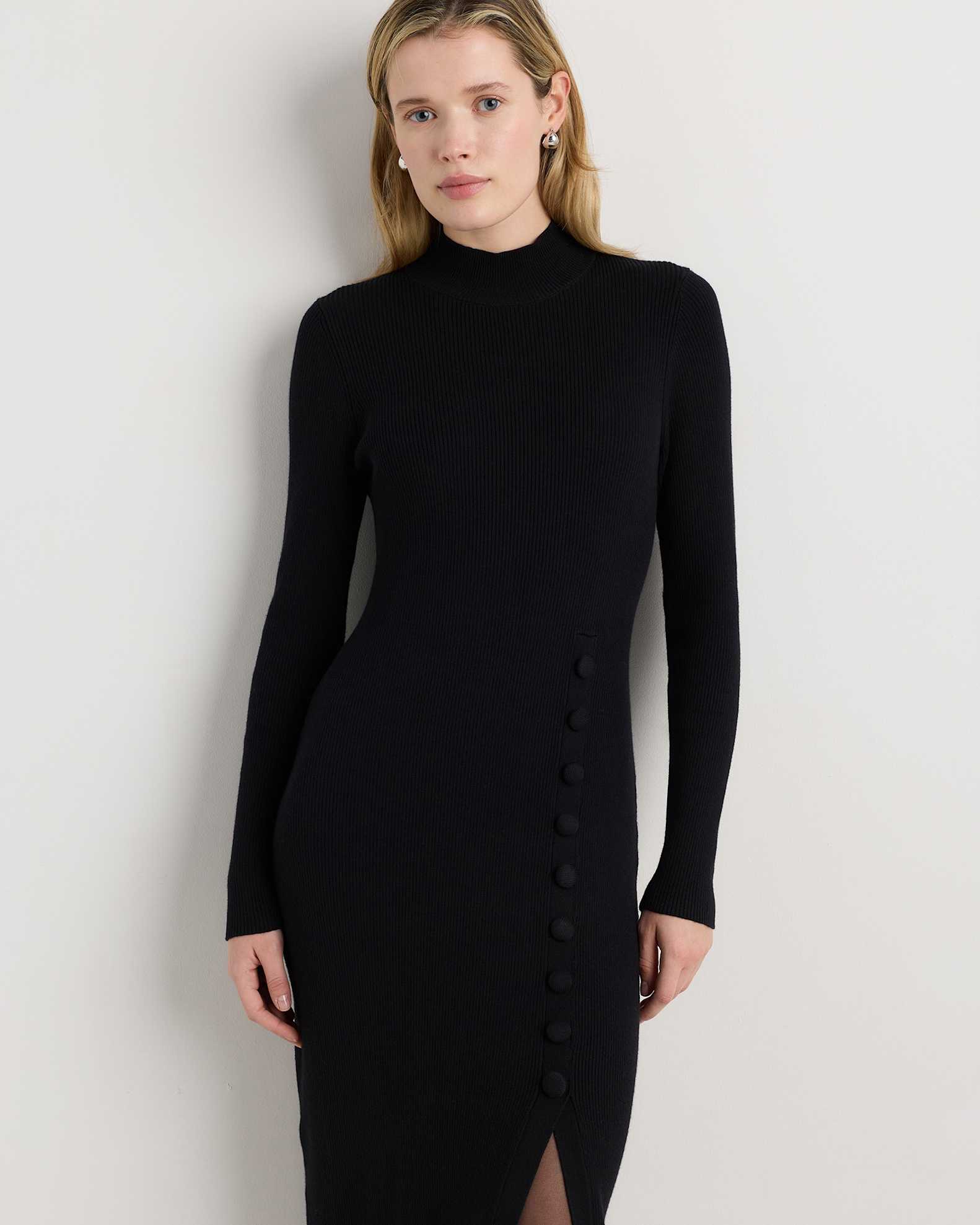 Cotton Cashmere Side Slit Midi Dress in Black Cotton Cashmere Side Slit Midi Dress in Black