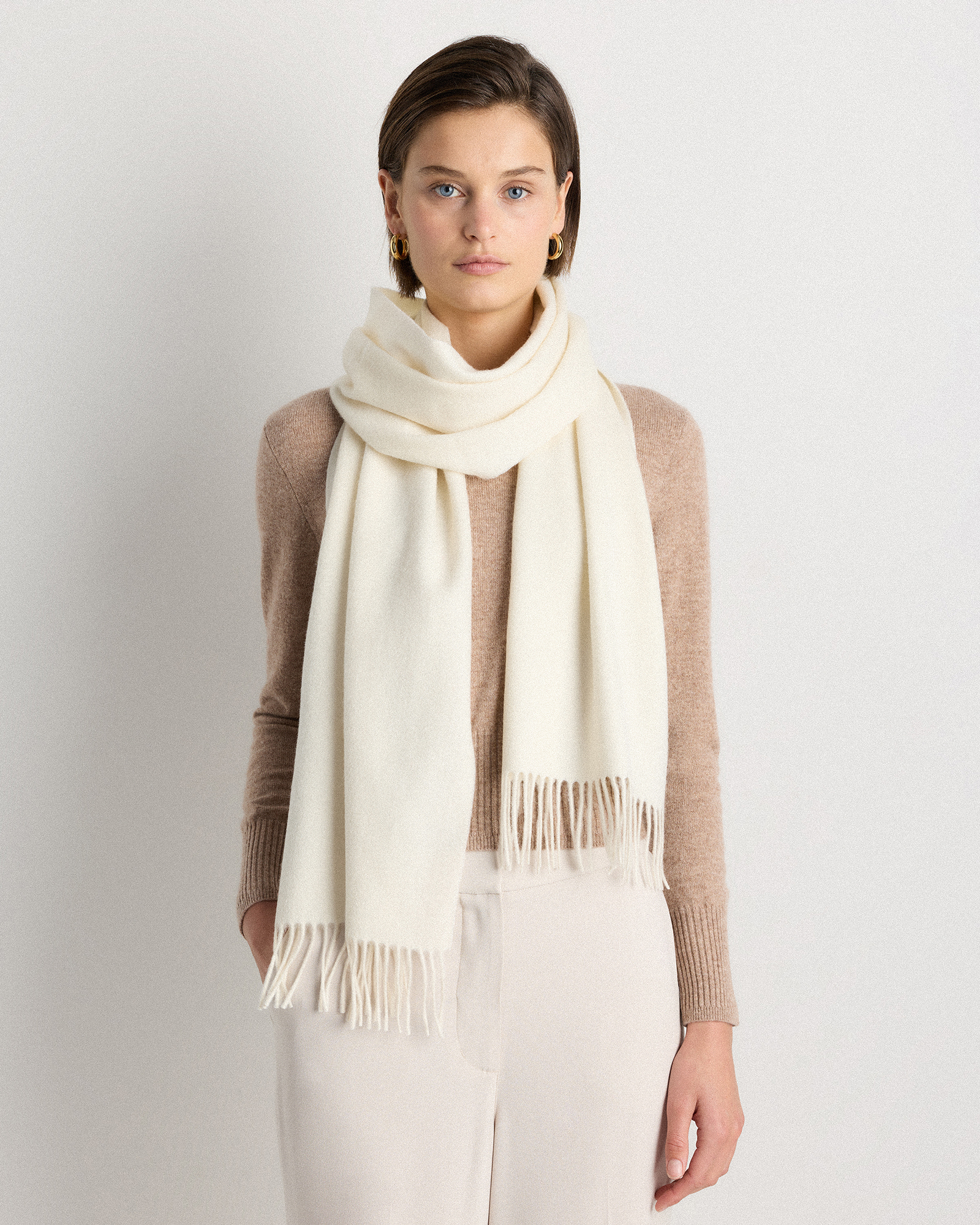 Ivory Mongolian Cashmere Woven Fringe Scarf