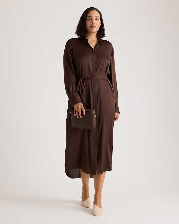 Quince Women's Cotton Cashmere Ribbed Long Sleeve Crew Midi Dress, Mocha Heather, Size Small Quince Women's Cotton Cashmere Ribbed Long Sleeve Crew Midi Dress, Mocha Heather, Size Small