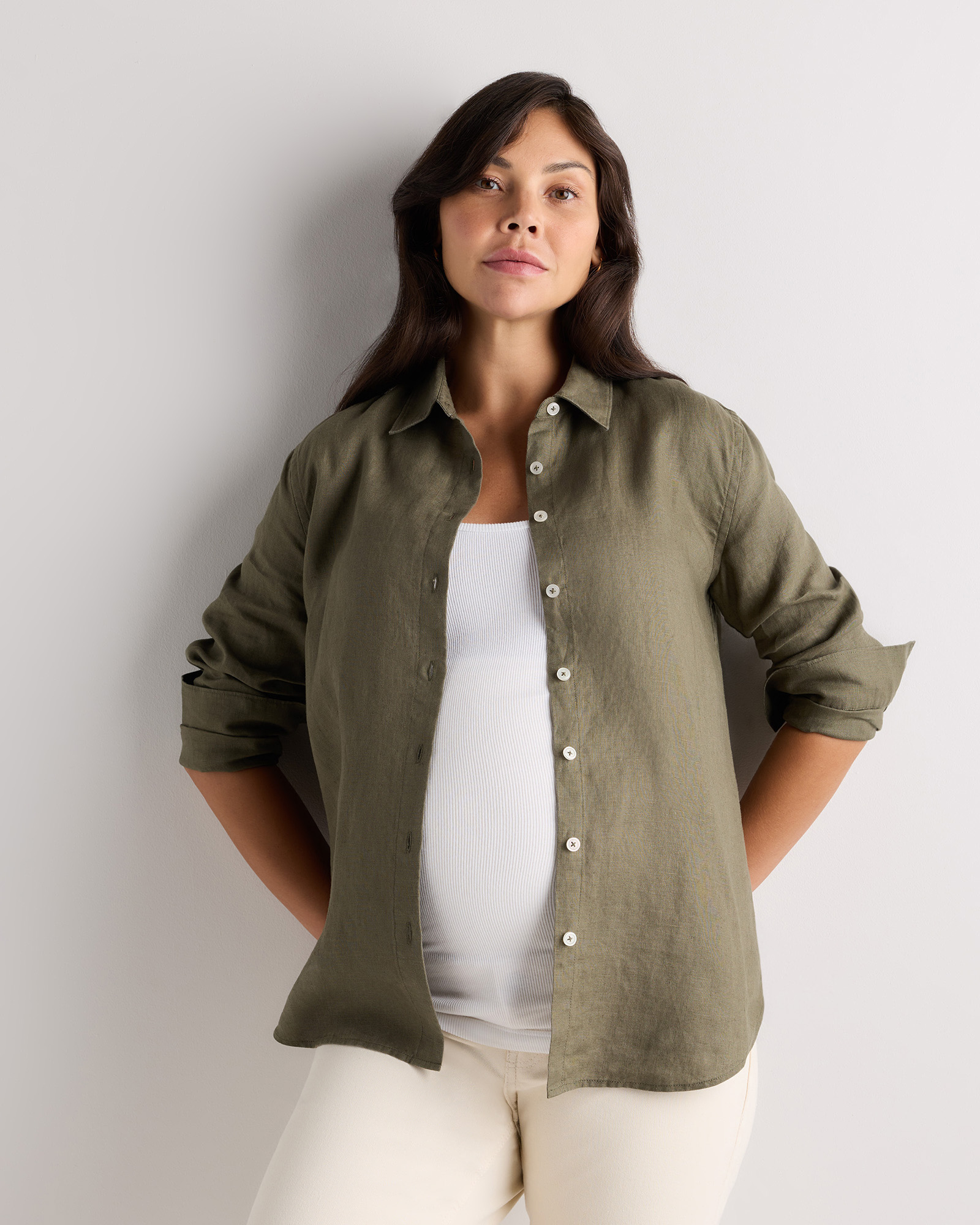 Bayberry Olive 100% European Linen Maternity Long Sleeve Shirt