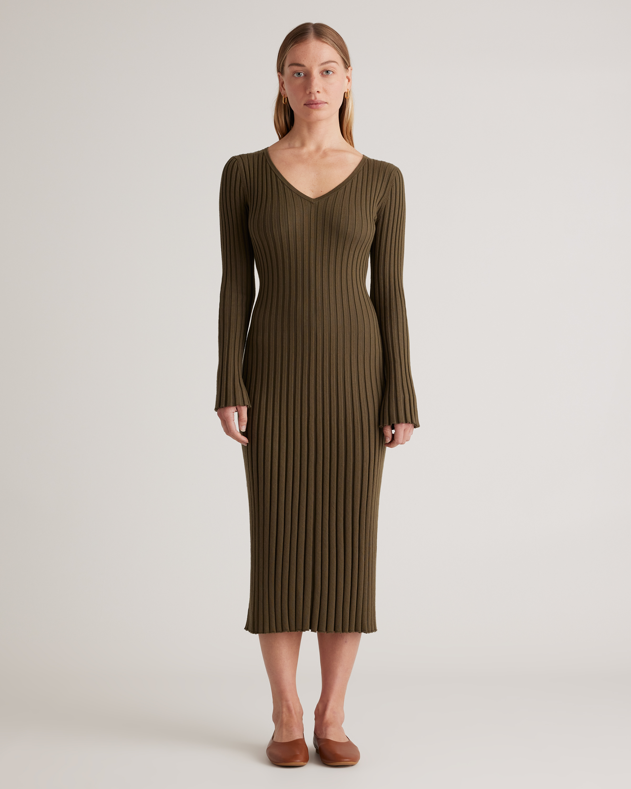 Olive Cotton Cashmere Ribbed Long Sleeve V-Neck Midi Dress