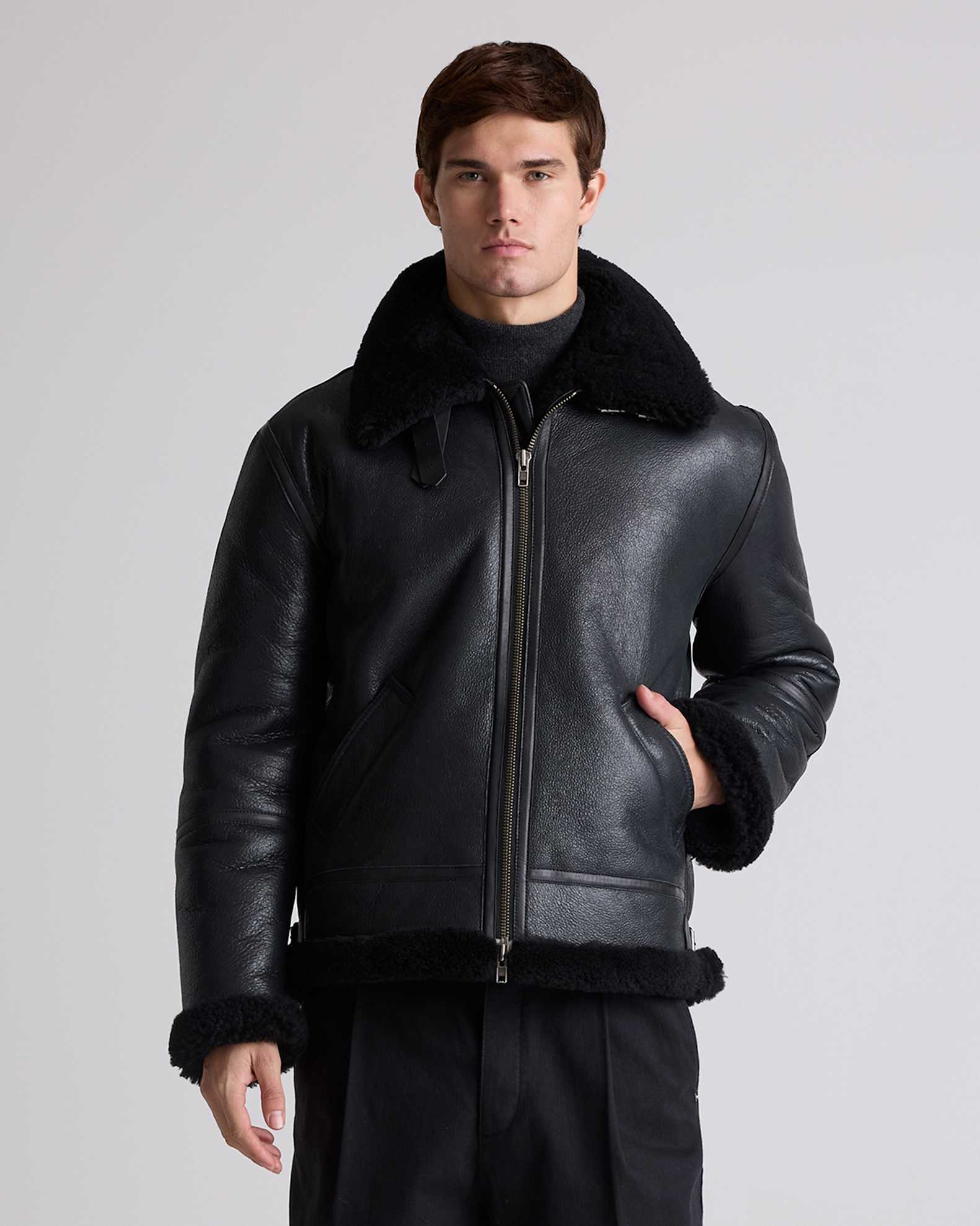 100% Shearling Bomber Jacket in Black - Main Image