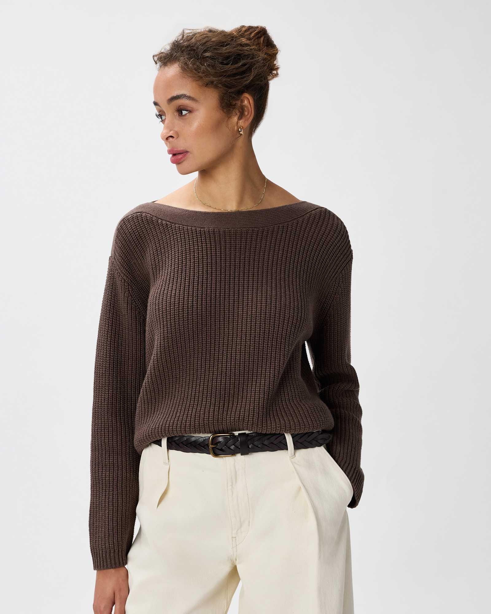 Quince 100% Organic Cotton Fisherman Boatneck Sweater in Heather Brown