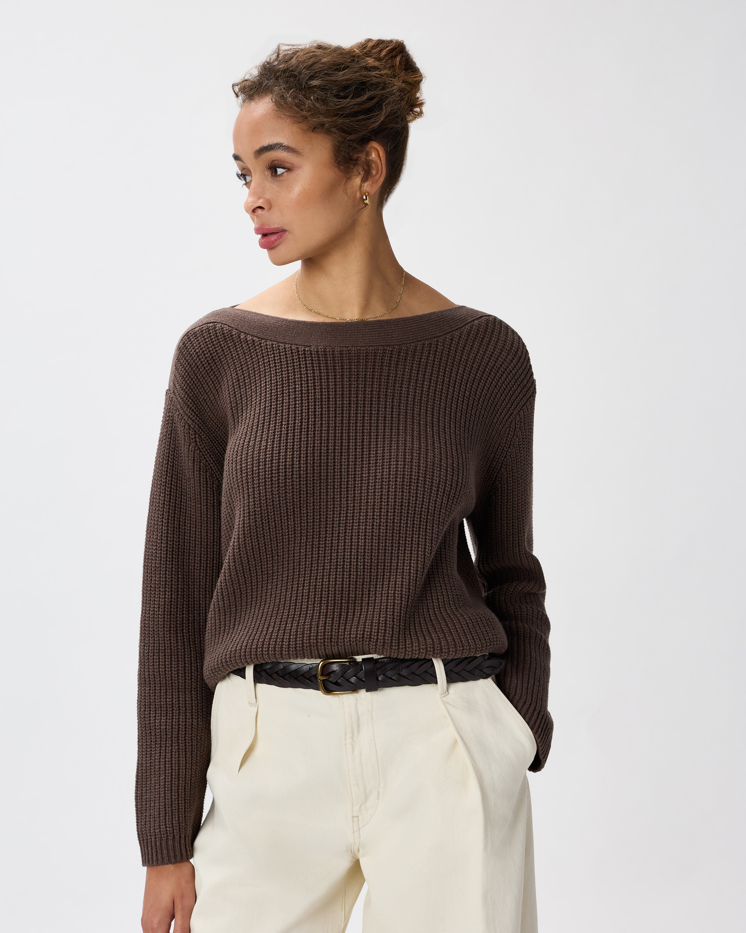 Heather Brown 100% Organic Cotton Fisherman Boatneck Sweater