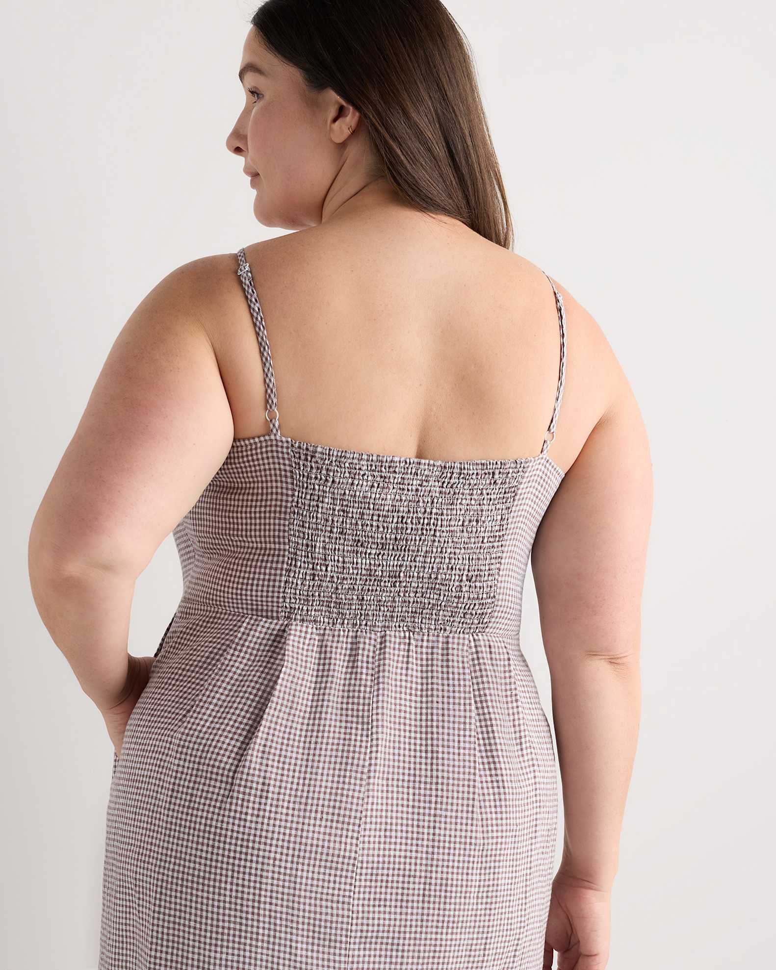 brown gingham dress plus size Brown Check Shirred Bodice Gingham Mini Dress