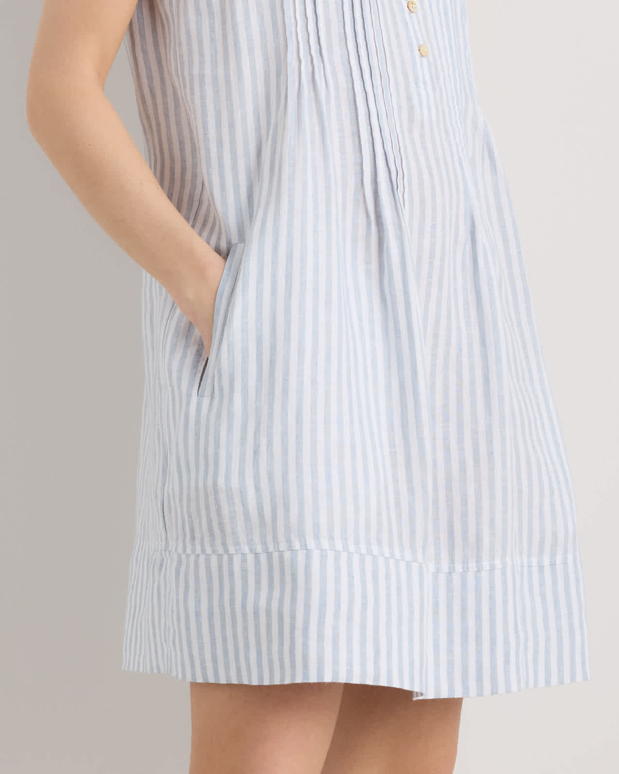 100% European Linen Sleeveless Swing Dress in Sky Blue Mariner Stripe 100% European Linen Sleeveless Swing Dress in Sky Blue Mariner Stripe