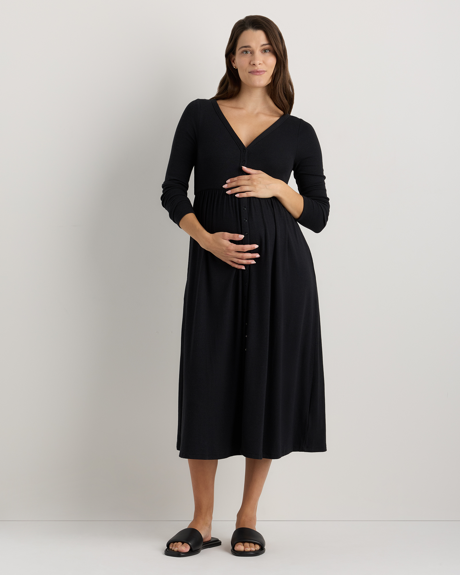 Bold Black Bamboo Rib Maternity Long Sleeve Button Front Dress