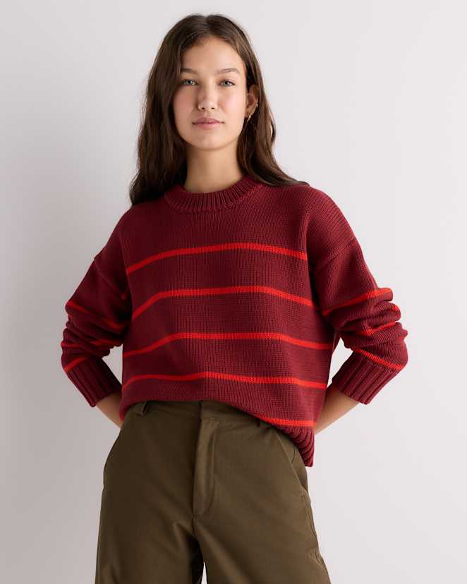 Deep Brick Red / Spritz Red Stripe 100% Organic Cotton Striped Crew Sweater