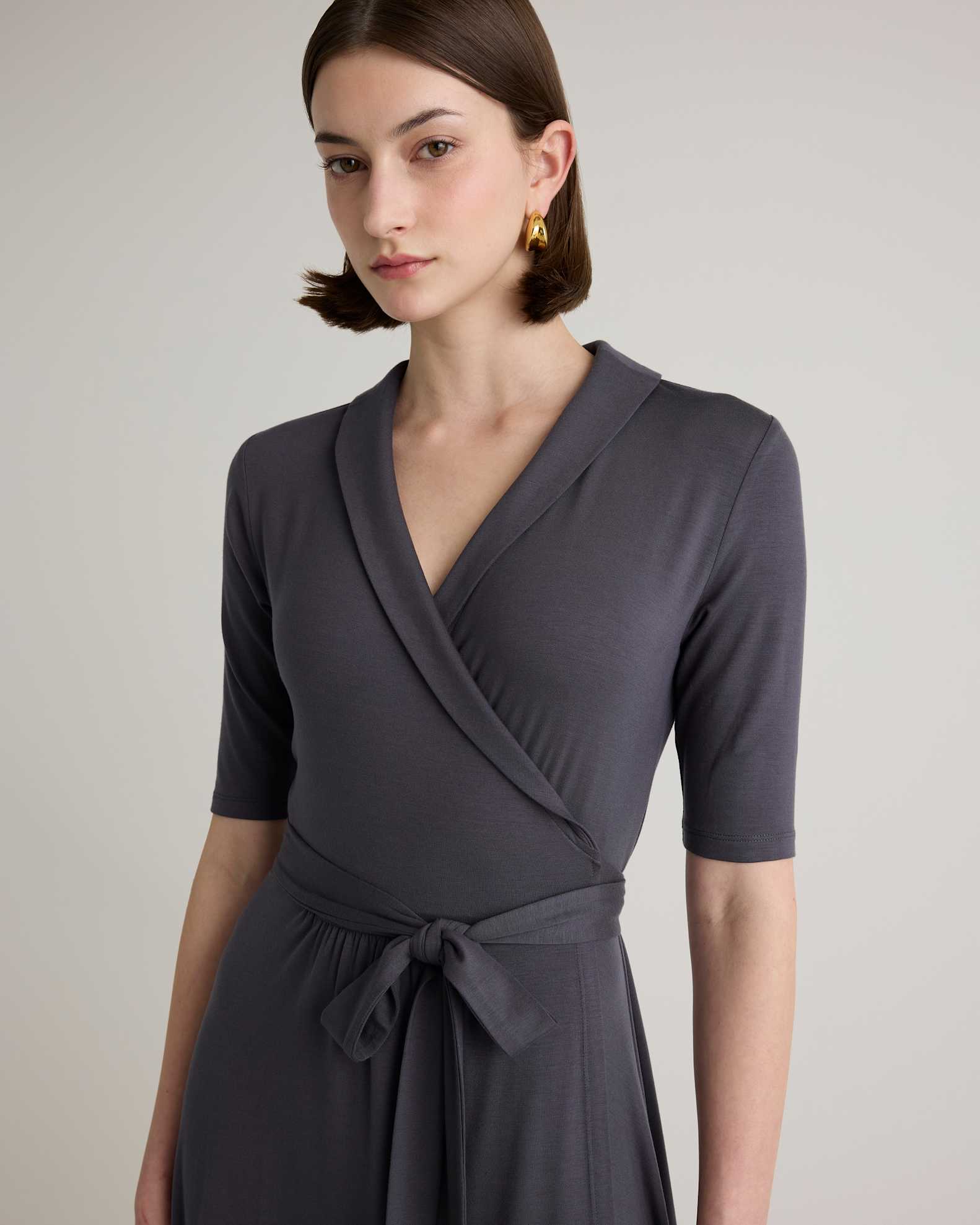 Quince Women's Tencel Jersey Midi Wrap Dress, Carbon Grey, Size XS - Eco-Friendly, Comfortable, Modern Length Quince Women's Tencel Jersey Midi Wrap Dress, Carbon Grey, Size XS - Eco-Friendly, Comfortable, Modern Length