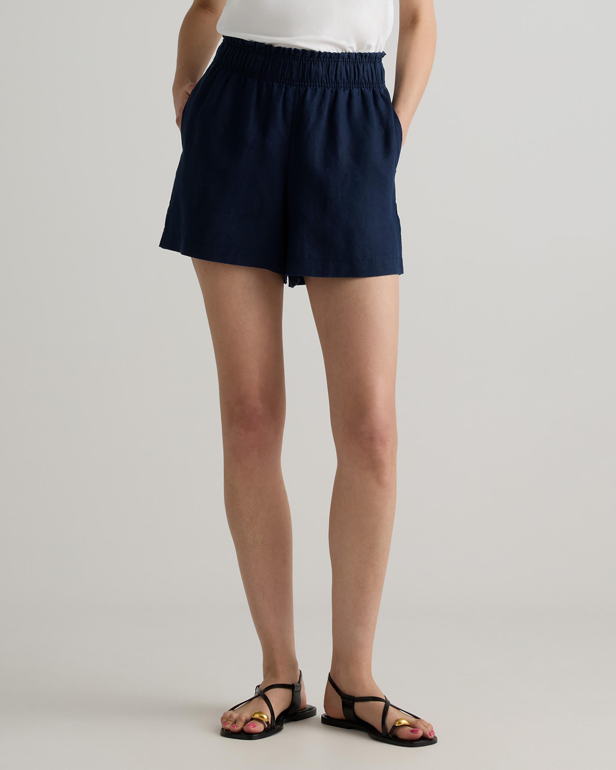 Deep Navy 100% European Linen High Waisted Shorts