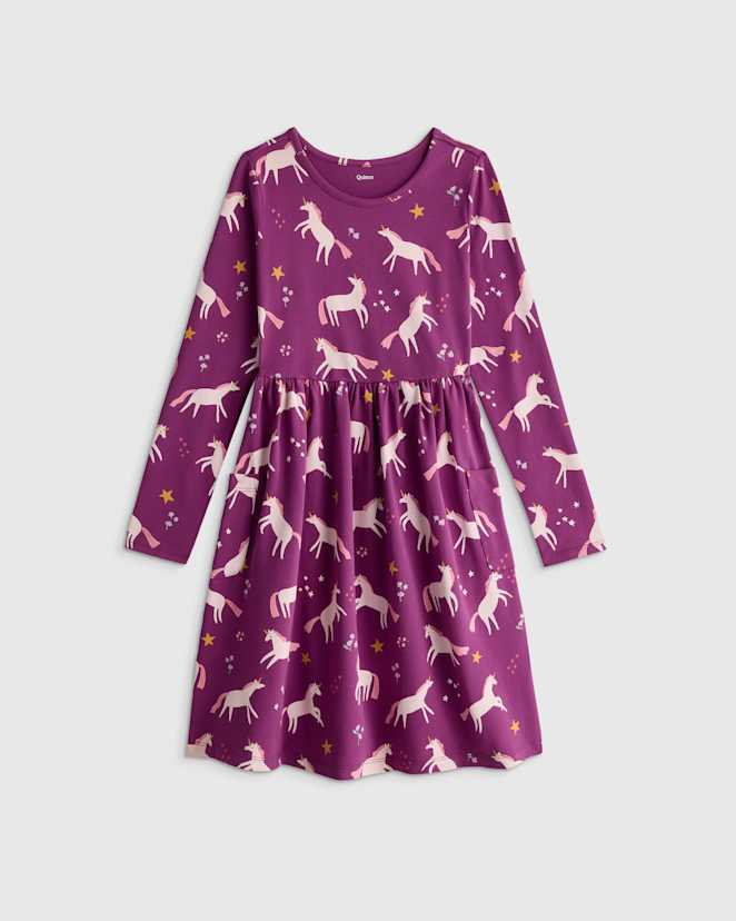 Purple Unicorn Organic Cotton Long Sleeve Fit and Flare Pocket Dress