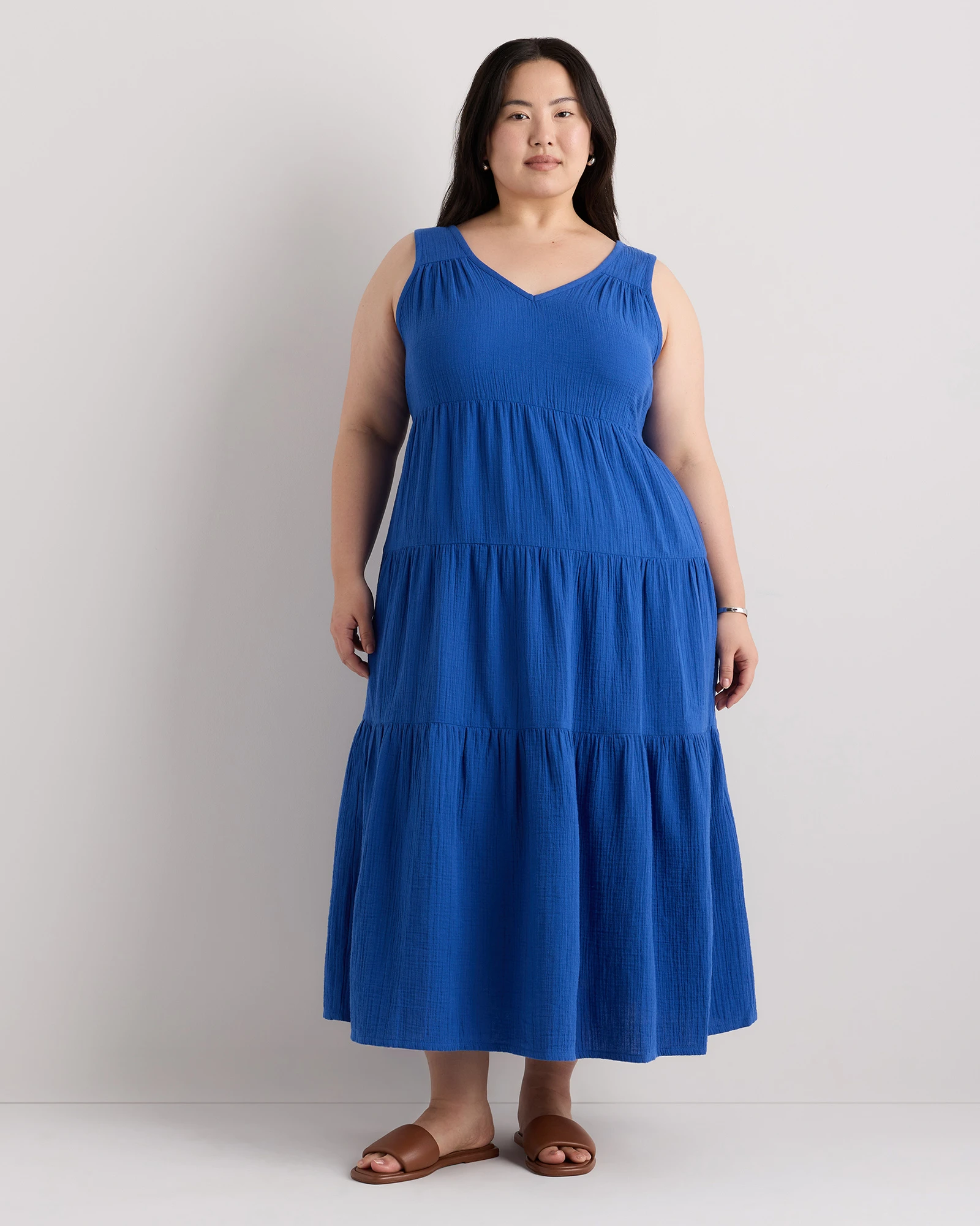 Extended Sizes 100% Organic Cotton Gauze Tiered Maxi Dress - Plus Size