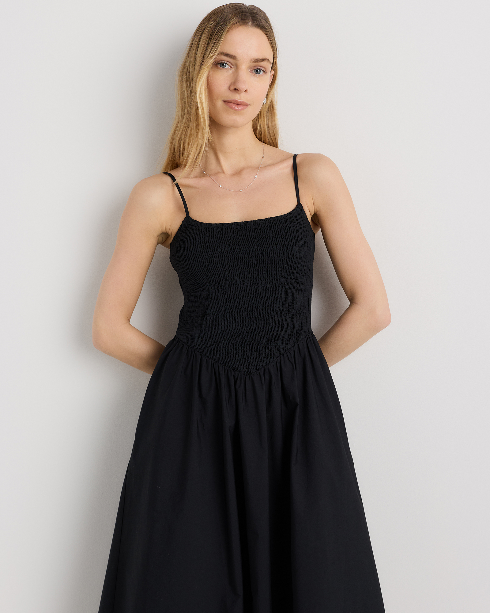 Women's Poplin Drop Waist Midi Dress in Black, Size Medium, Organic Cotton by Quince