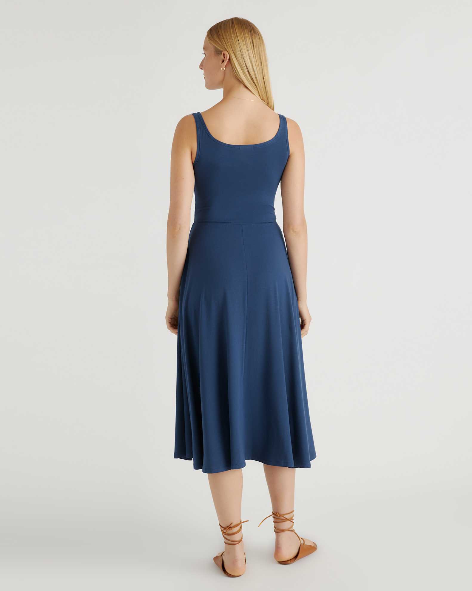 Quince Women's Tencel Jersey Fit & Flare Dress, Navy, Size XL - Sleeveless, Scoop Neck, Side-Seam Pockets Quince Women's Tencel Jersey Fit & Flare Dress, Navy, Size XL - Sleeveless, Scoop Neck, Side-Seam Pockets