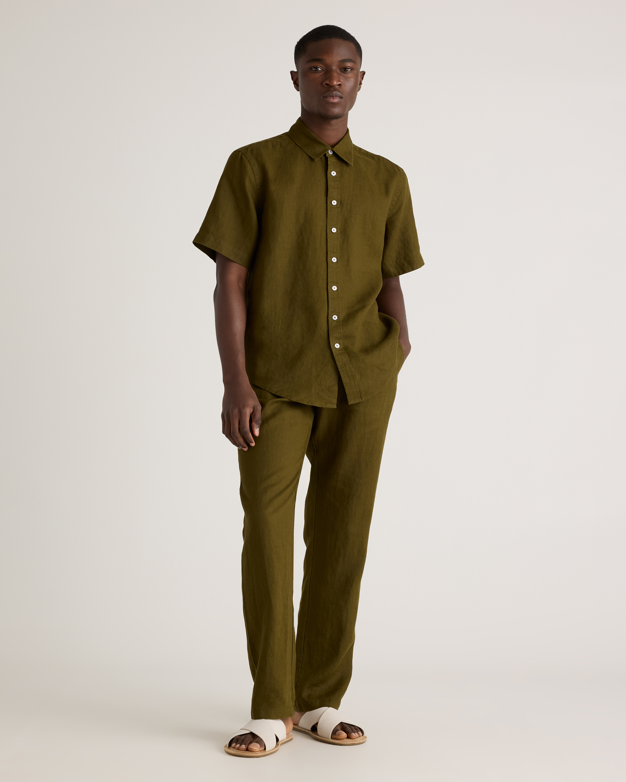 Men's 100% European Linen Relaxed Short Sleeve Shirt in Martini Olive, Size Small by Quince