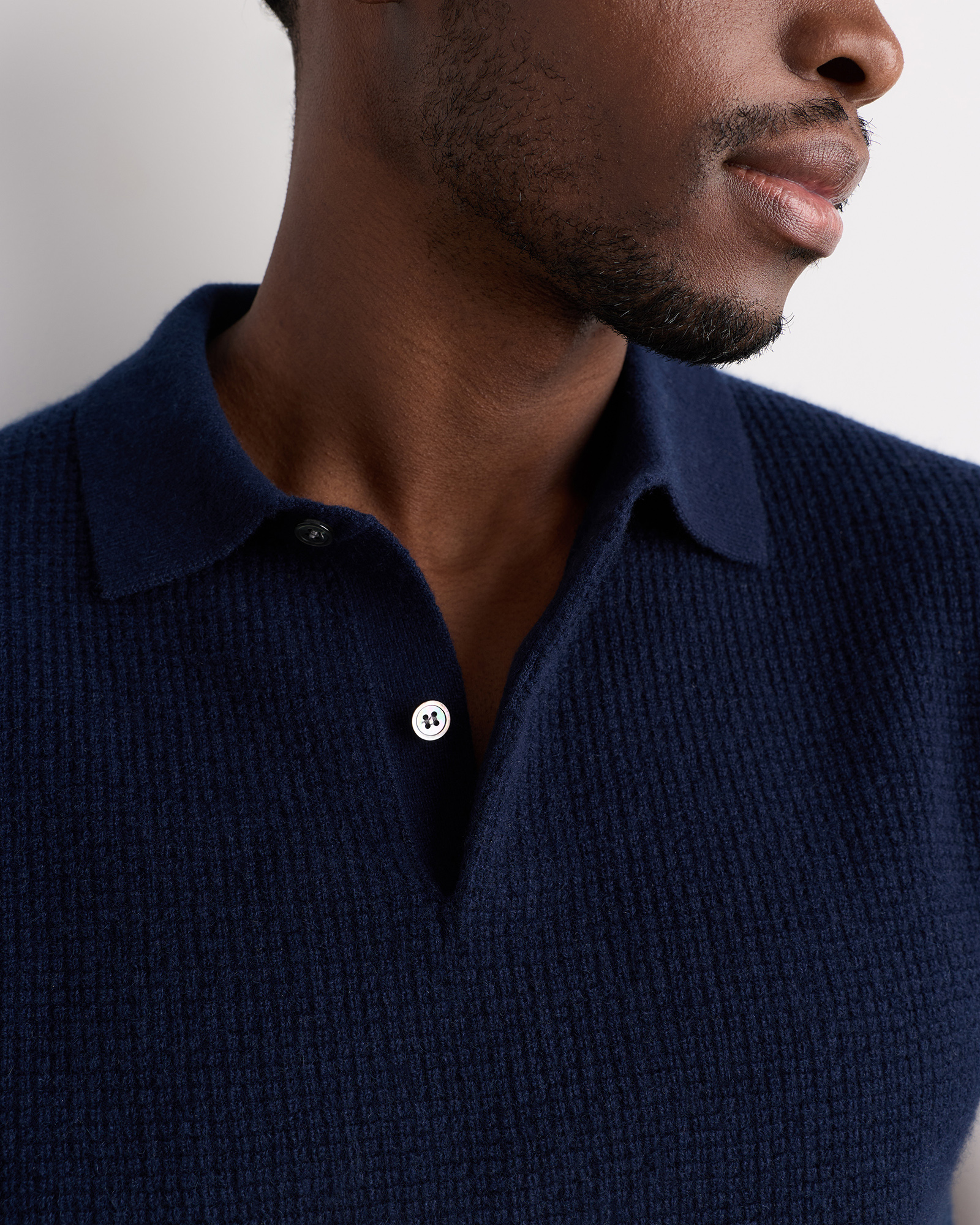 Men's Mongolian Cashmere Waffle Short Sleeve Polo Sweater in True Navy