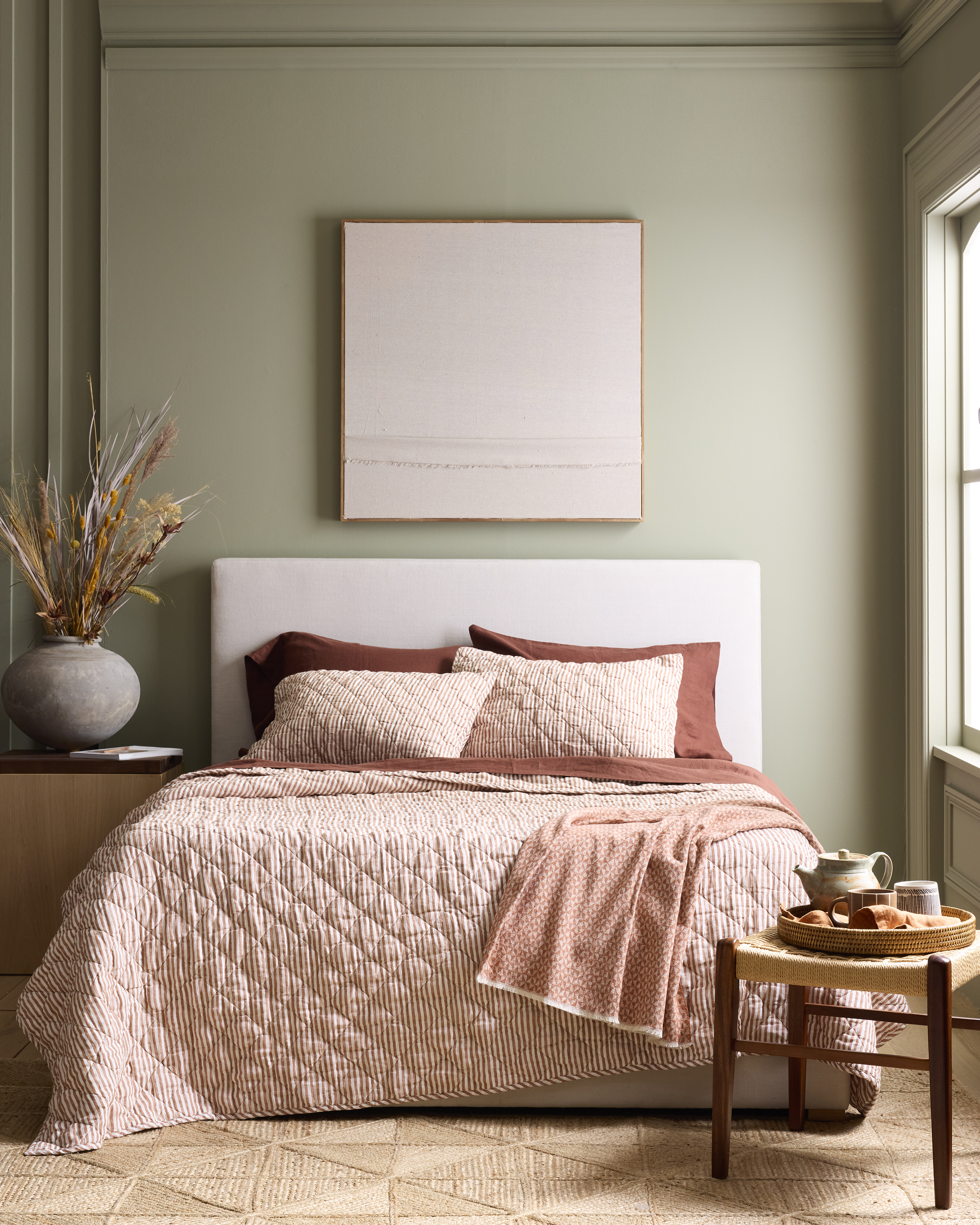 Terracotta/White Stripe European Linen Stripe Quilt Set 