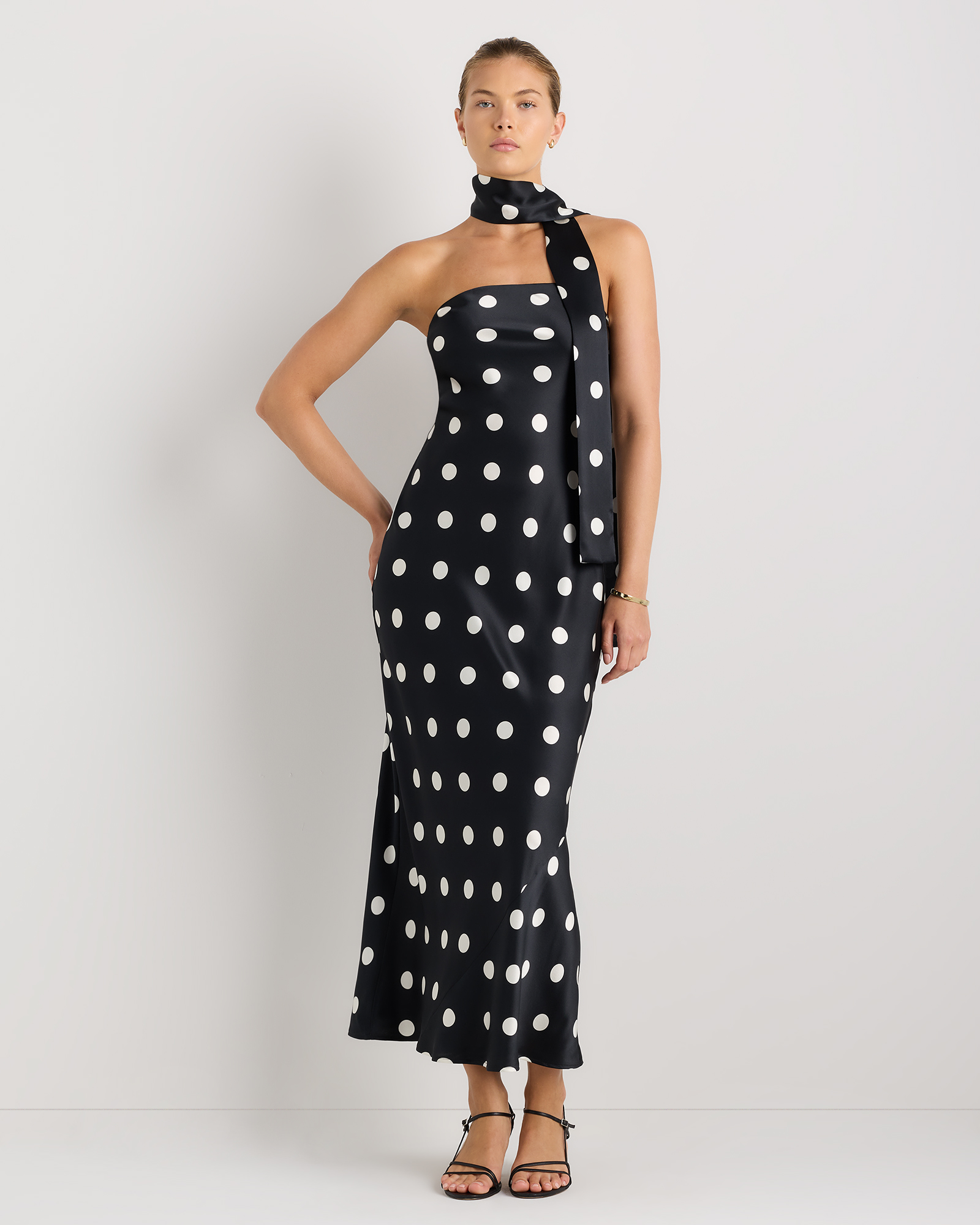 Noir Large Dot 100% Washable Silk Strapless Scarf Maxi Dress