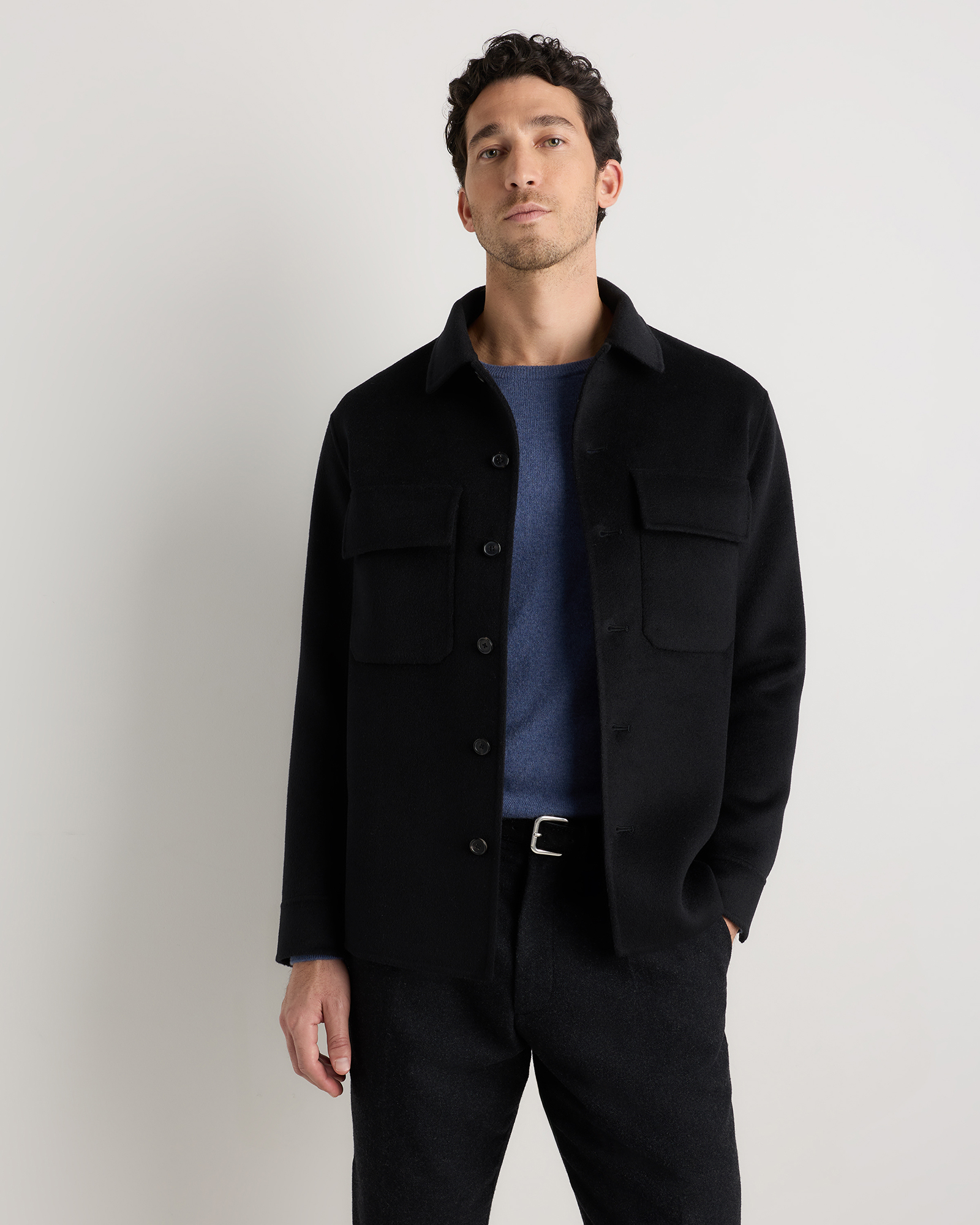 Black 100% Mongolian Cashmere Double-Faced Shirt Jacket