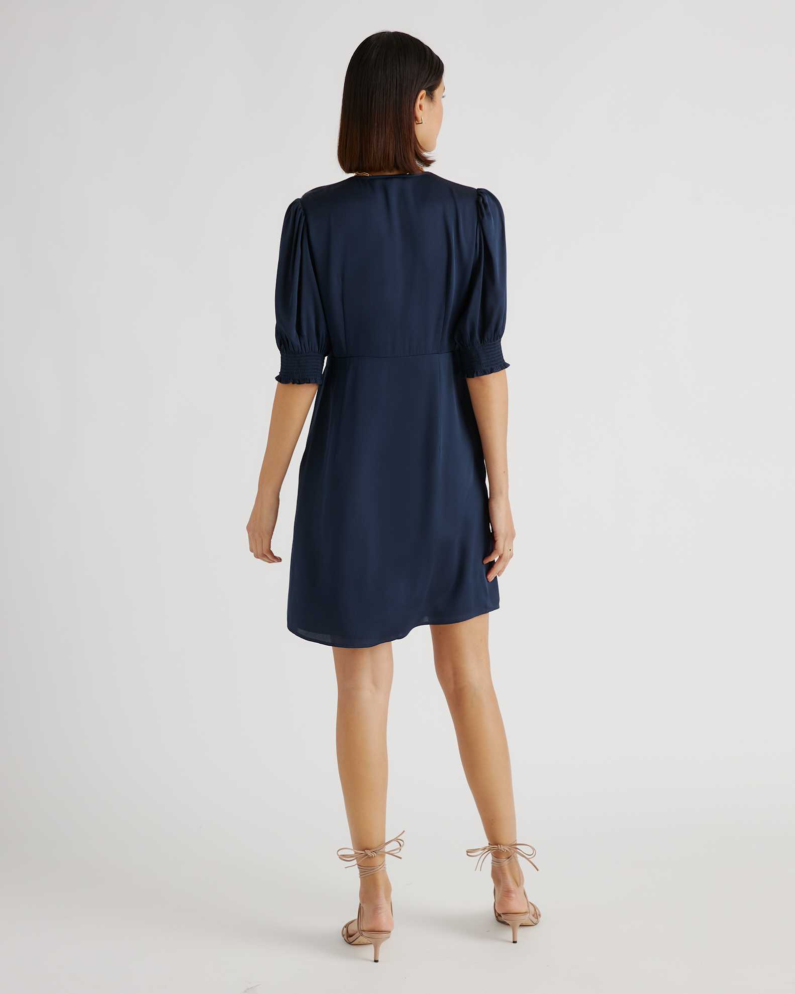 navy blue puff sleeve dress Jacquard - Mini Dress - Lace-Up Dress Fitted Navy Gown with Puff