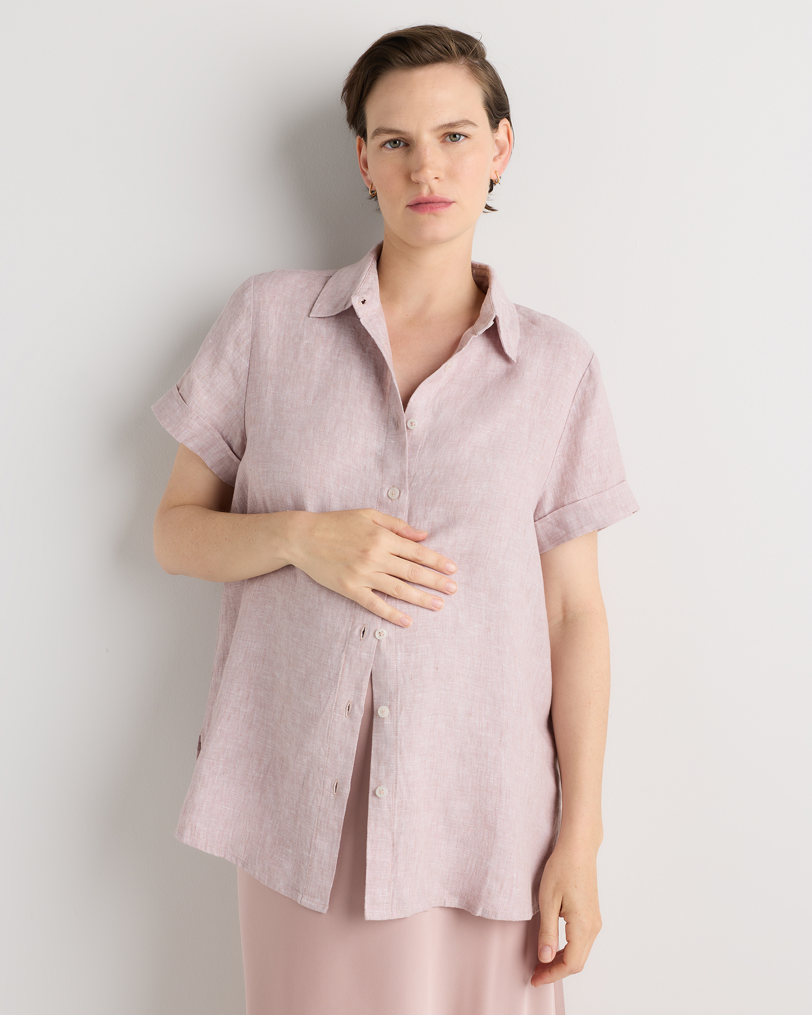 Vintage Pink Chambray 100% European Linen Maternity Camp Shirt