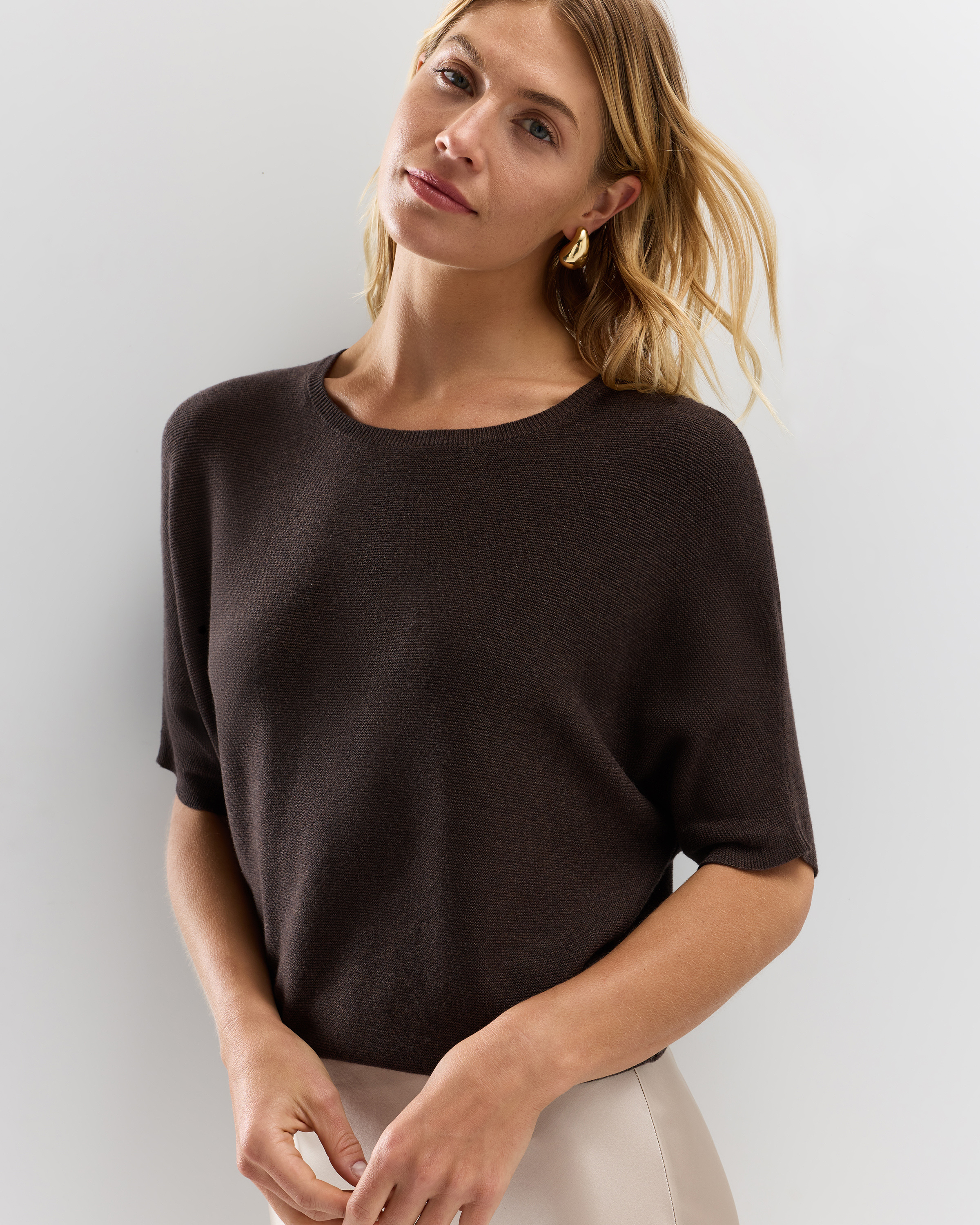 Lightweight Cotton Cashmere Link-Stitch Dolman Sweater in Mocha