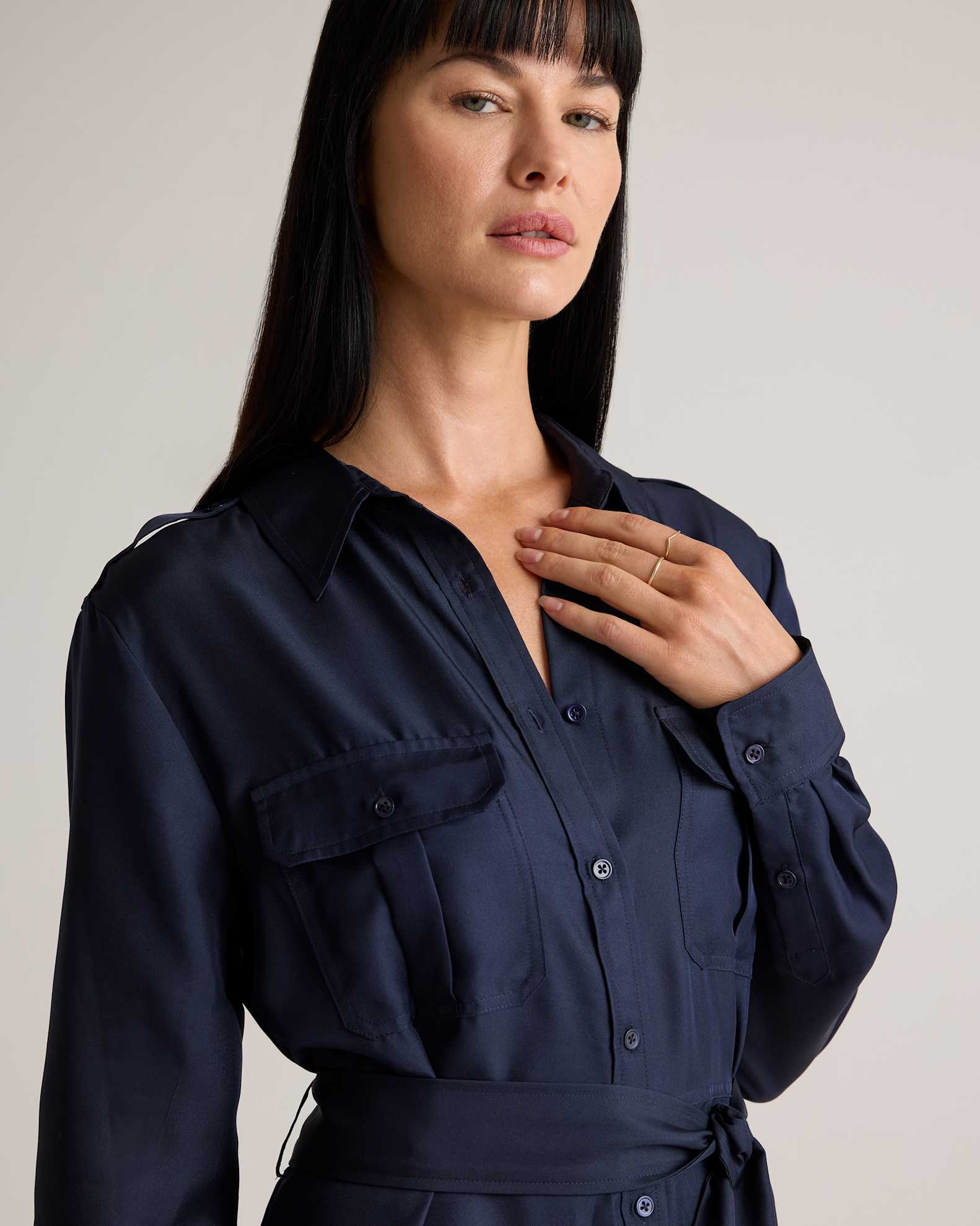 100% Silk Twill Utility Shirt Dress in Deep Navy 100% Silk Twill Utility Shirt Dress in Deep Navy