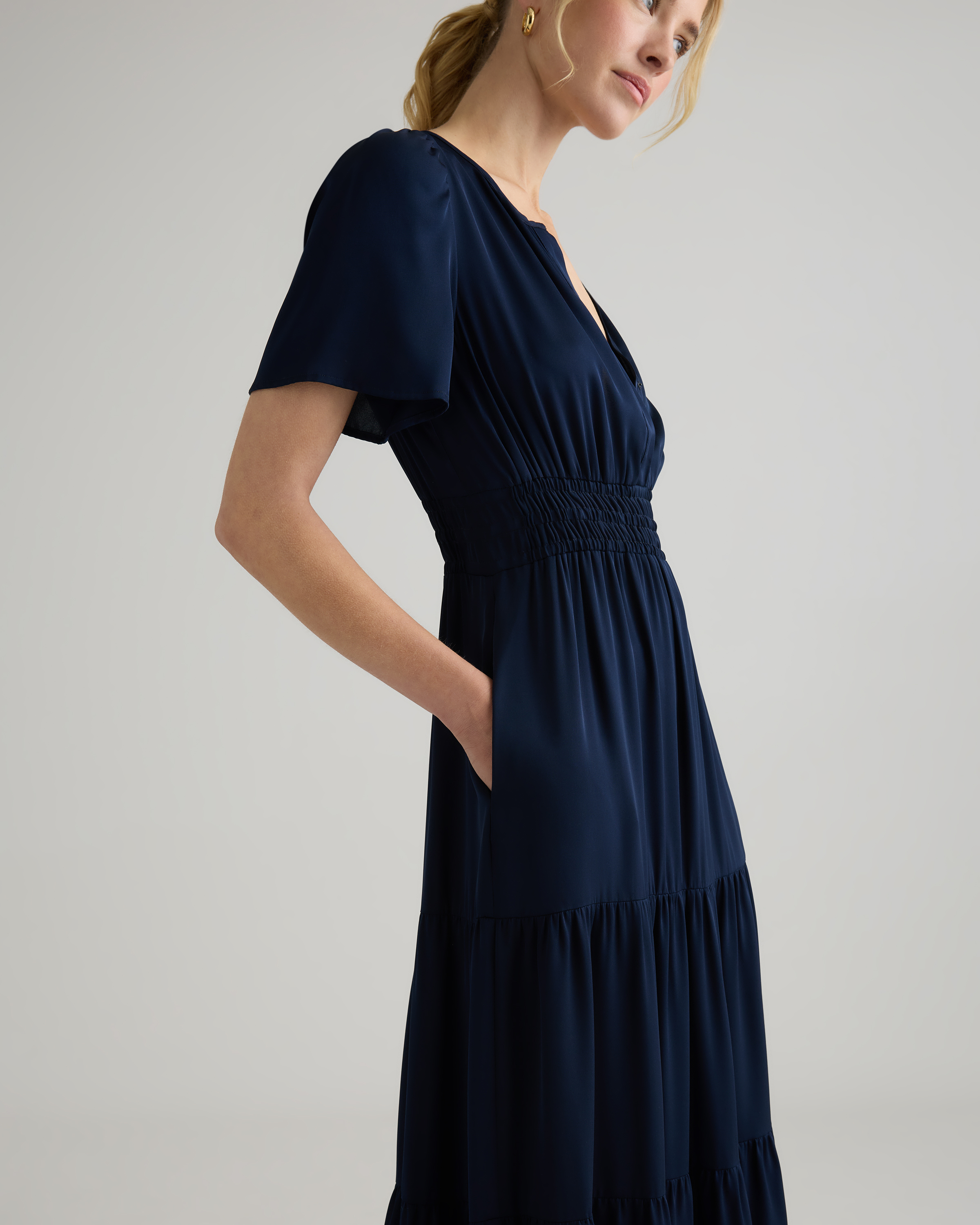 Washable Stretch Silk High Neck Midi Dress