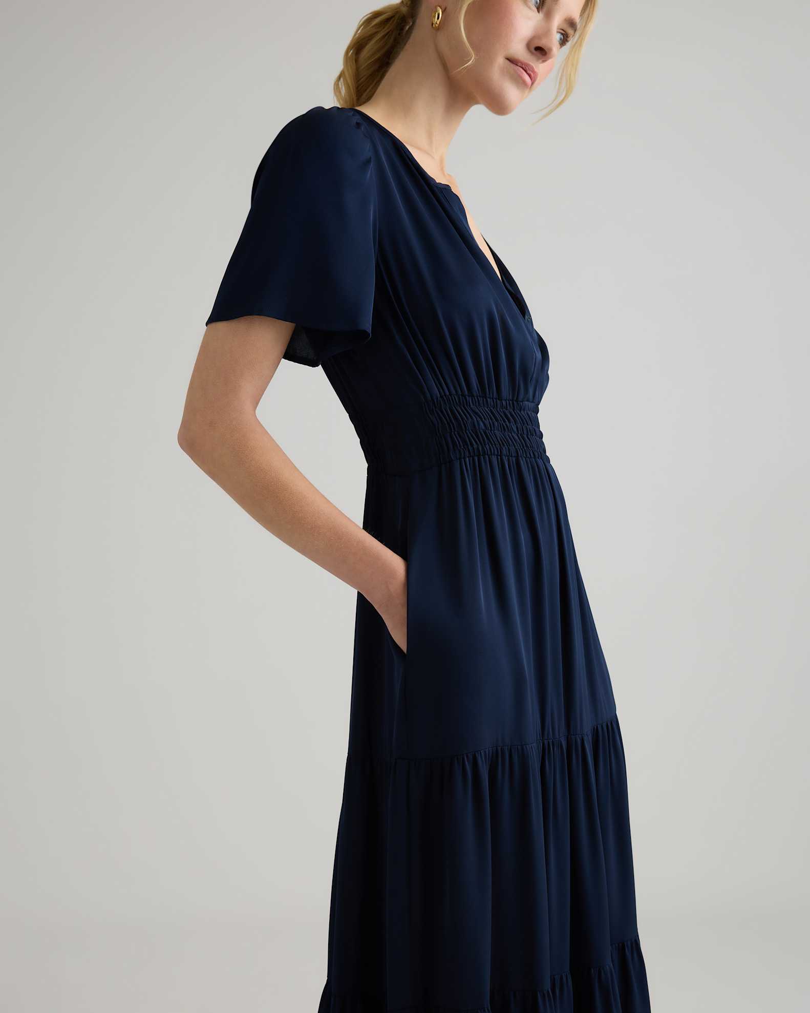 Washable Stretch Silk High Neck Midi Dress