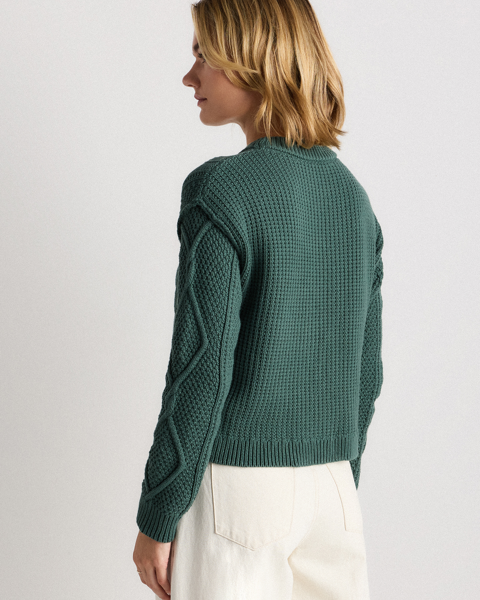 100% Organic Cotton Cropped Cable Sweater in Big Sur Green