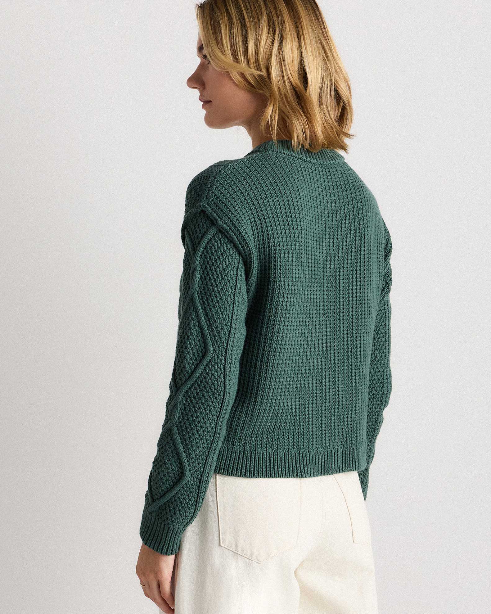 100% Organic Cotton Cropped Cable Sweater in Big Sur Green