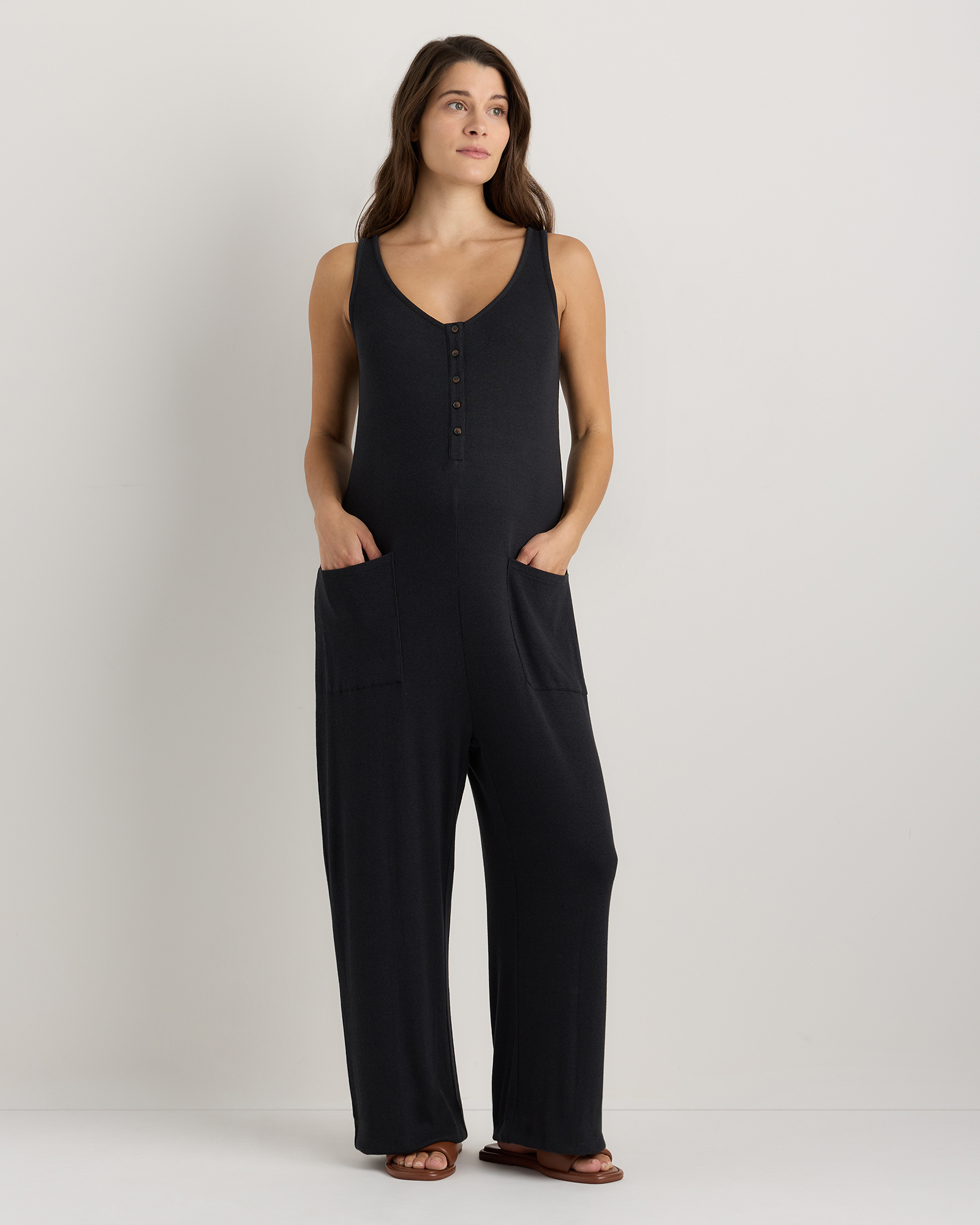 Bold Black Bamboo Rib Maternity Button Front Jumpsuit