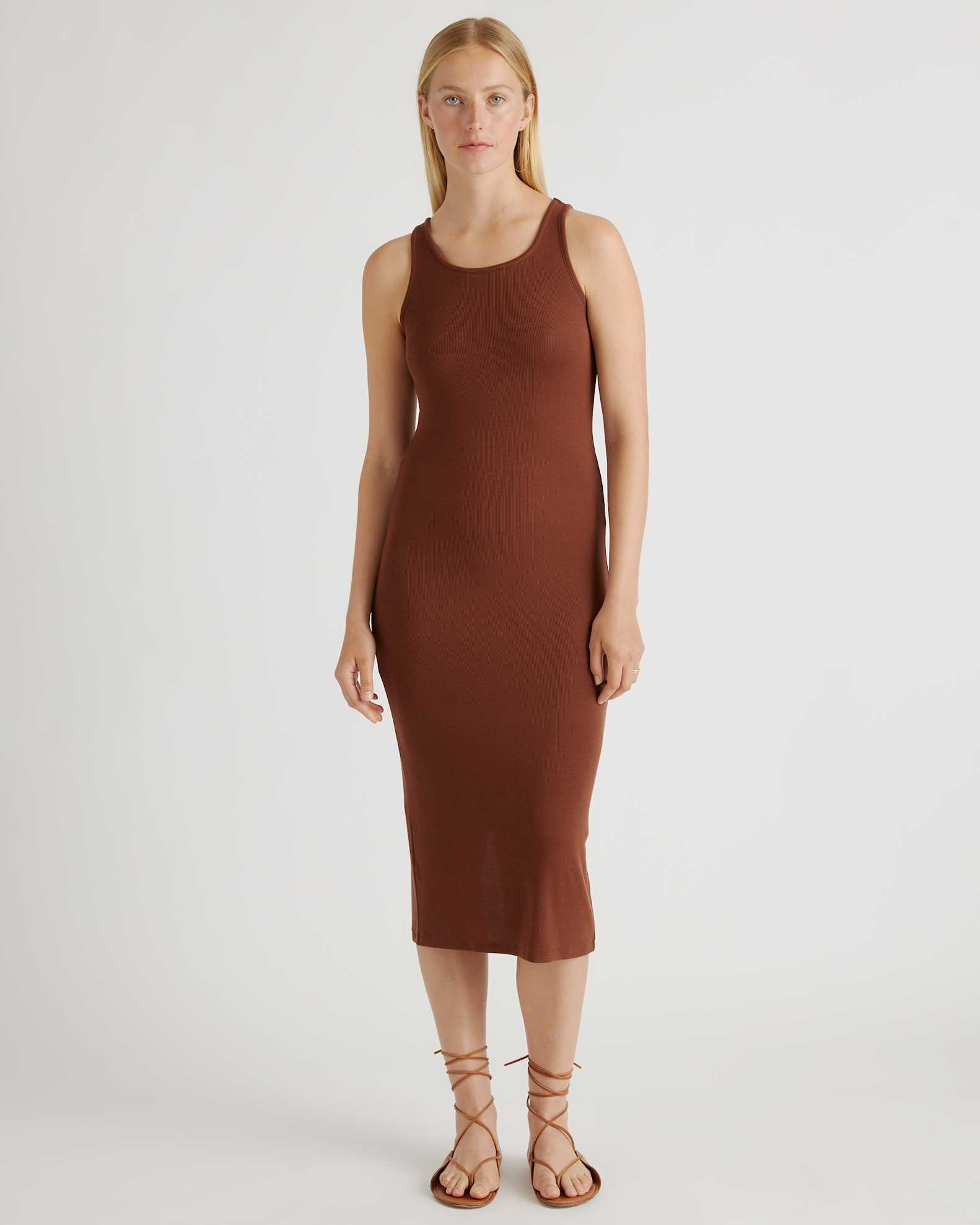 Quince Women's Tencel Rib Knit Sleeveless Midi Dress in Brown, Size Small - Soft, Breathable, Slimming & Pill-Resistant Quince Women's Tencel Rib Knit Sleeveless Midi Dress in Brown, Size Small - Soft, Breathable, Slimming & Pill-Resistant