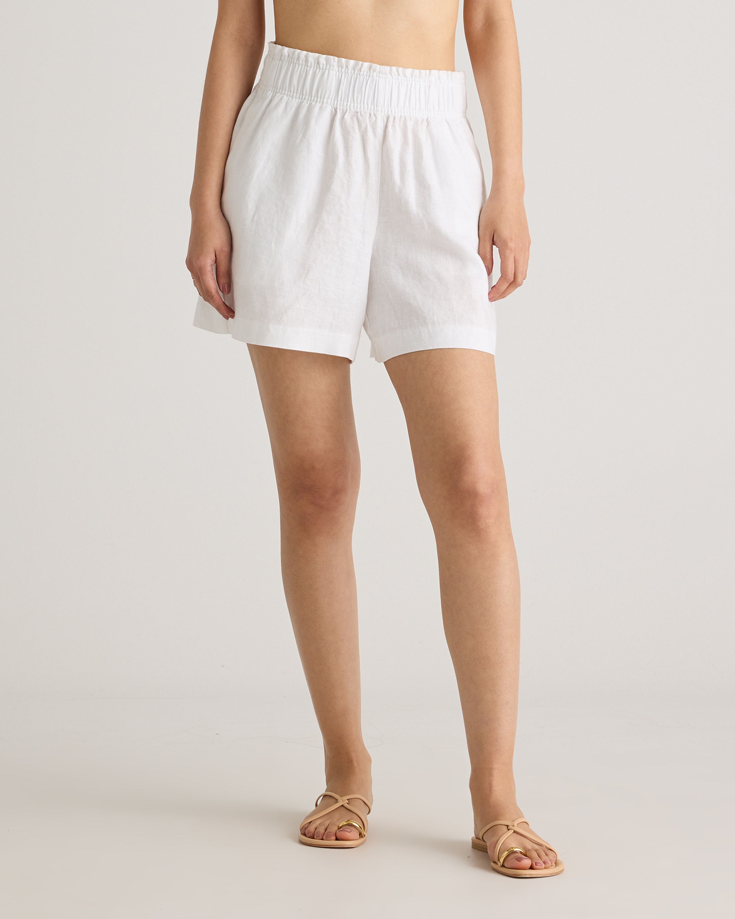 White 100% European Linen High Waisted Shorts