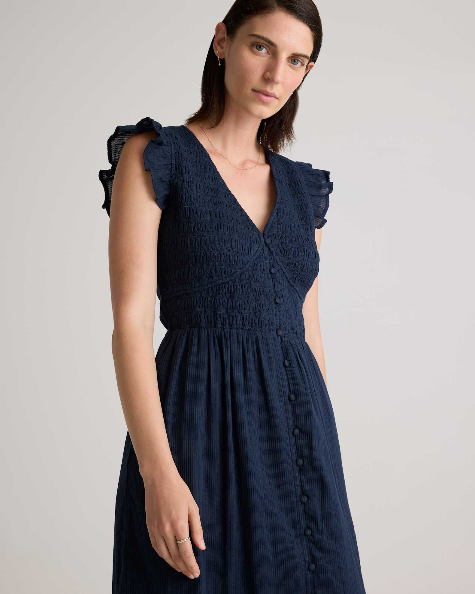 Quince Women's Organic Textured Cotton Smocked V-Neck Midi Dress, Navy, Size XS - Luxurious, Comfortable & Flattering Fit Quince Women's Organic Textured Cotton Smocked V-Neck Midi Dress, Navy, Size XS - Luxurious, Comfortable & Flattering Fit