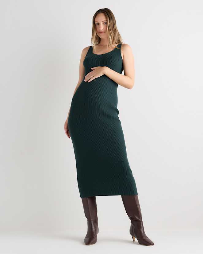 Deep Emerald Green Lightweight Cotton Cashmere Maternity Fitted Midi Dress