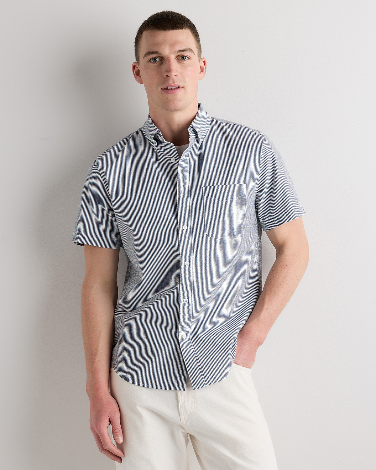 Blue Stripe 100% Organic Cotton Seersucker Short Sleeve Shirt