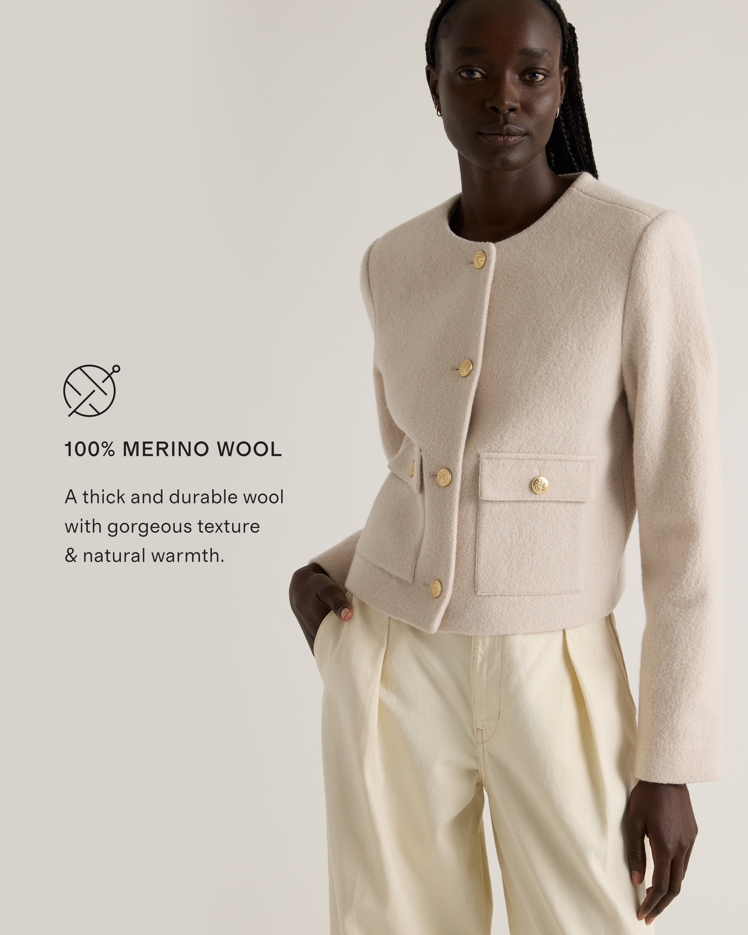 あ*ろ様 Brook Short Wool Like Jacket Beige 100% Merino Wool Collarless Cropped Jacket