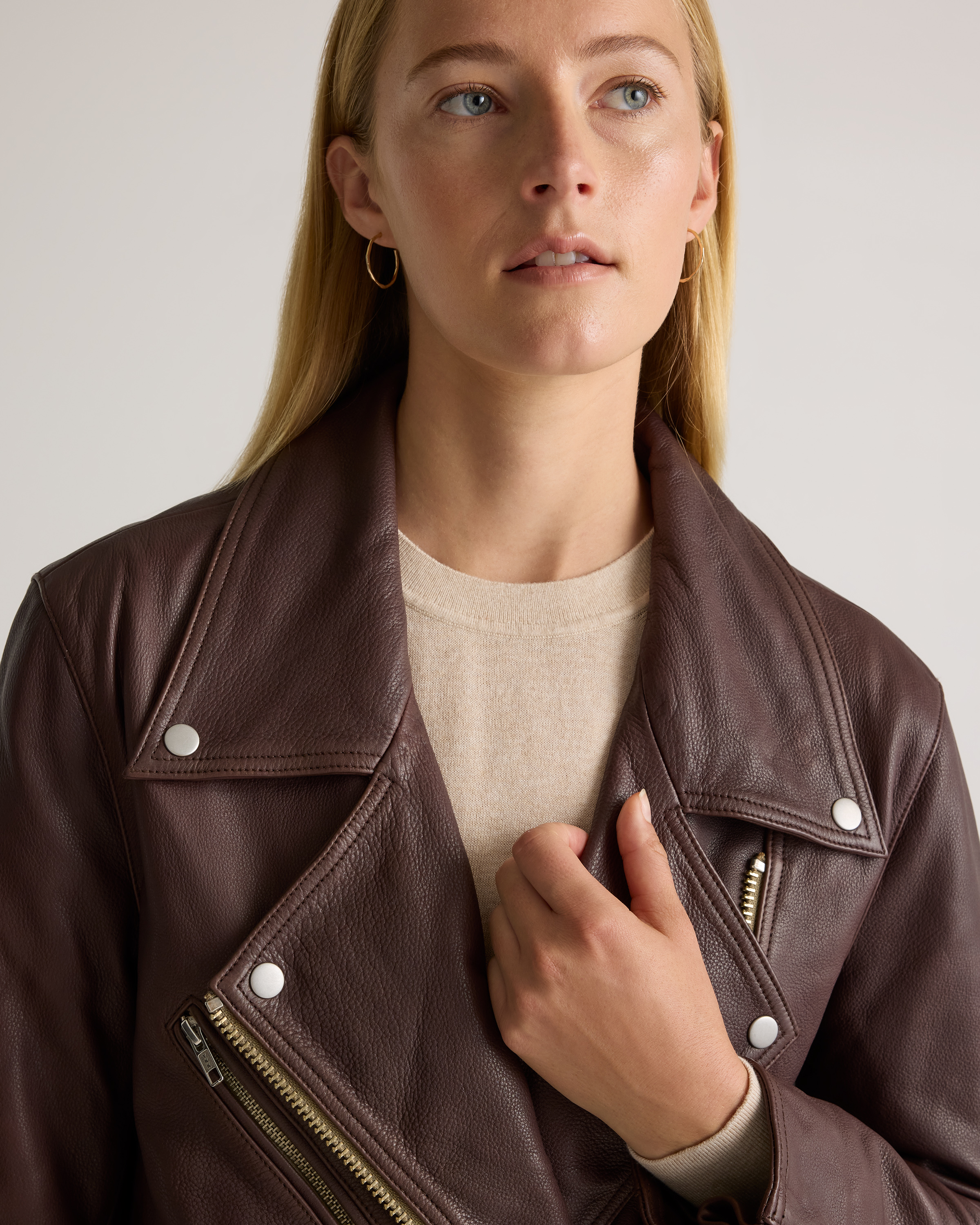 100% Leather Oversized Biker Jacket in Brown