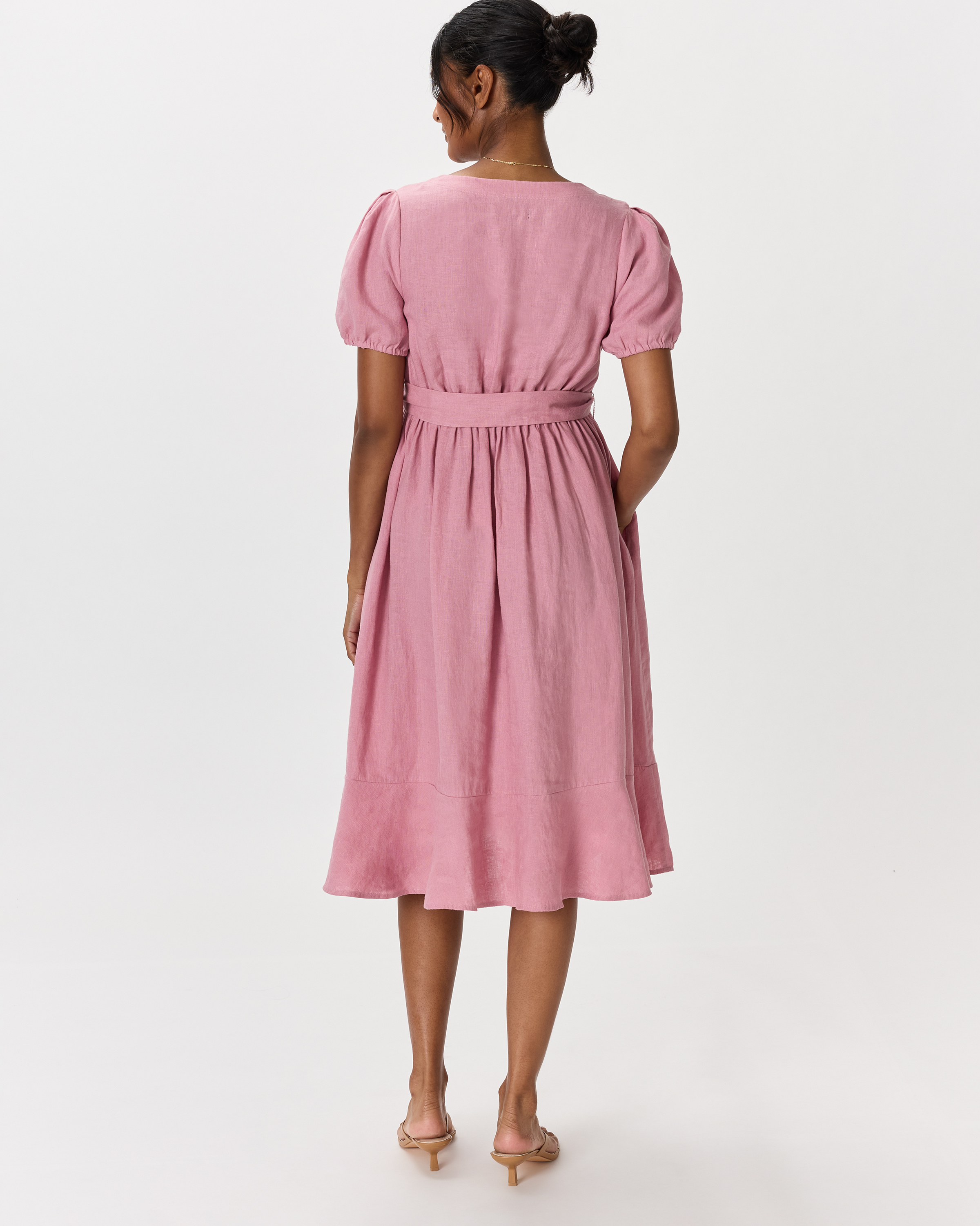 100% European Linen Maternity Short Sleeve Midi Dress in Mauve Mist
