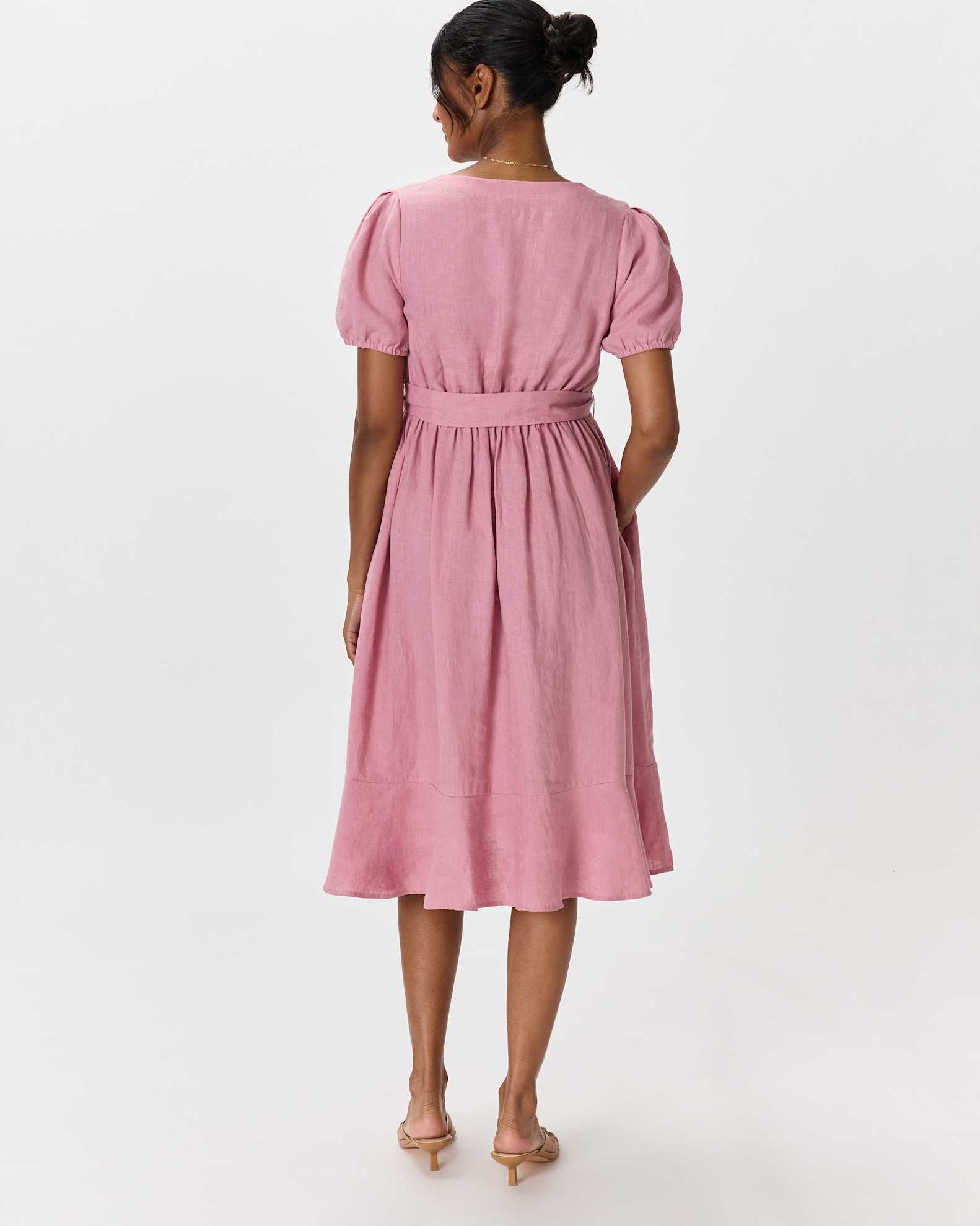 100% European Linen Maternity Short Sleeve Midi Dress in Mauve Mist 100% European Linen Maternity Short Sleeve Midi Dress in Mauve Mist