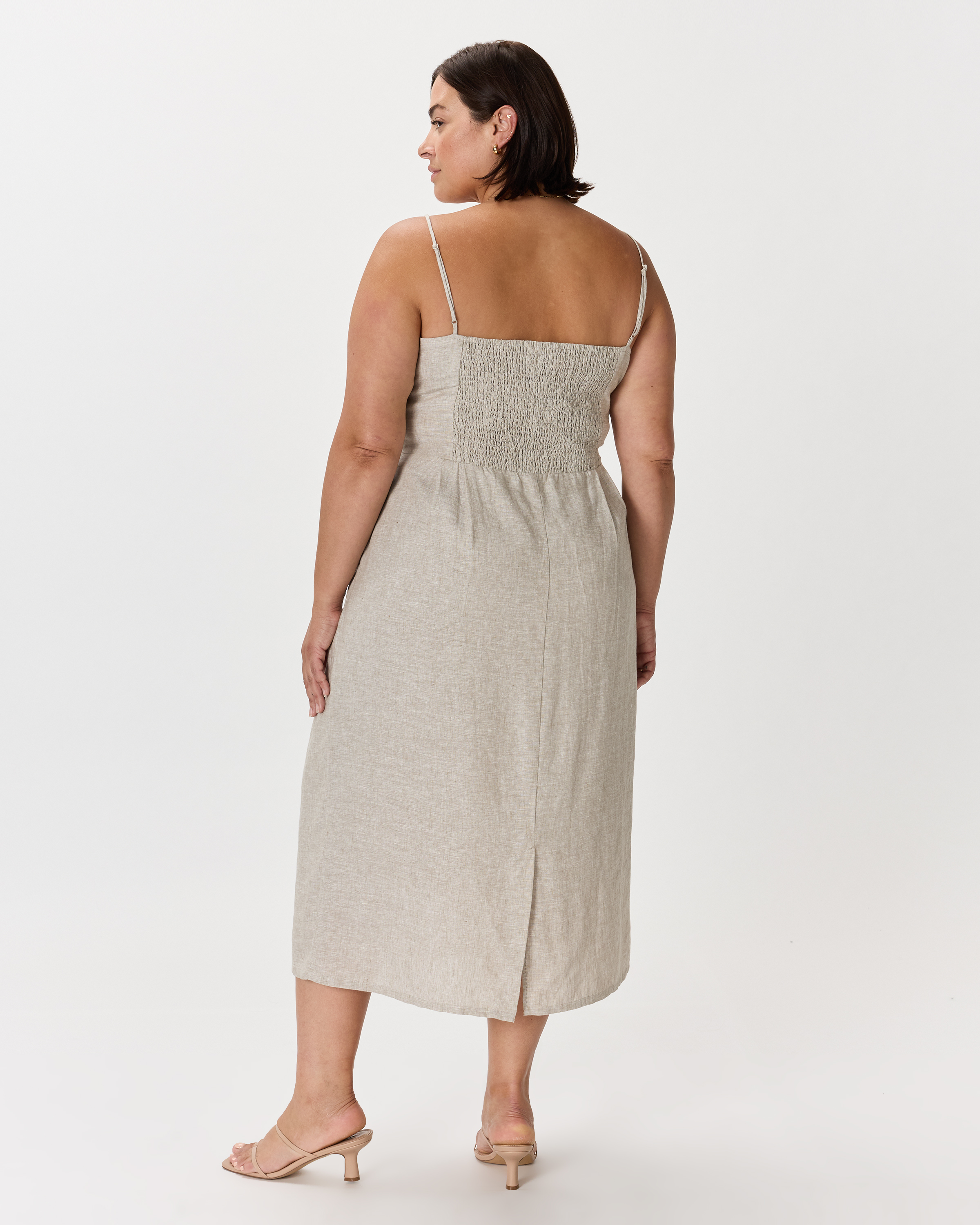 100% European Linen Scoop Neck Midi Dress - Plus Size in Flax